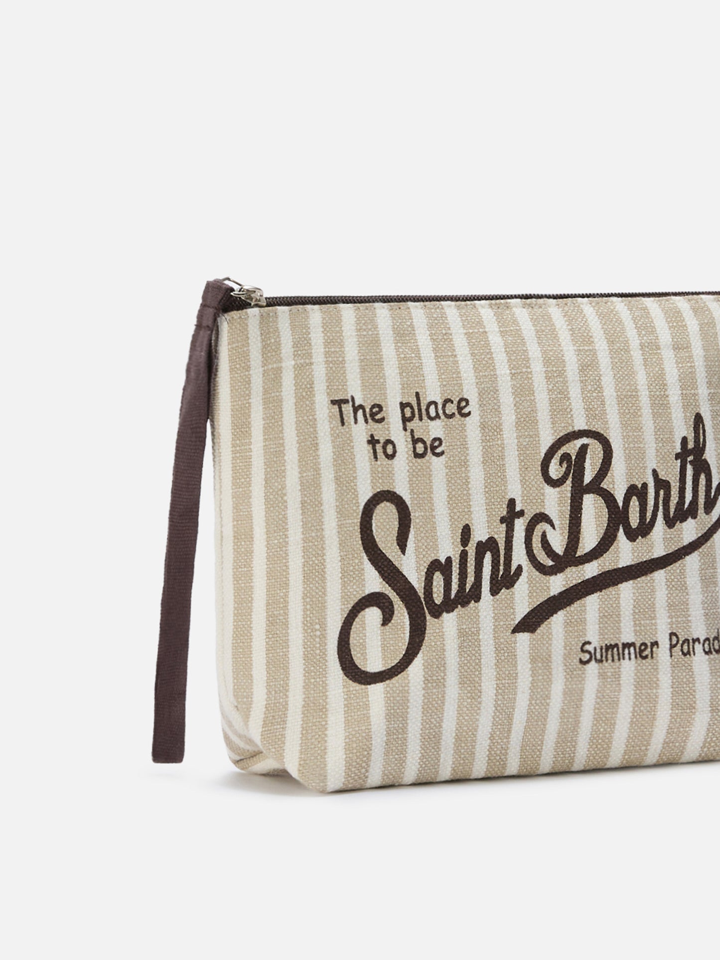 Aline Leinen-Pouch mit beigem Streifenmuster