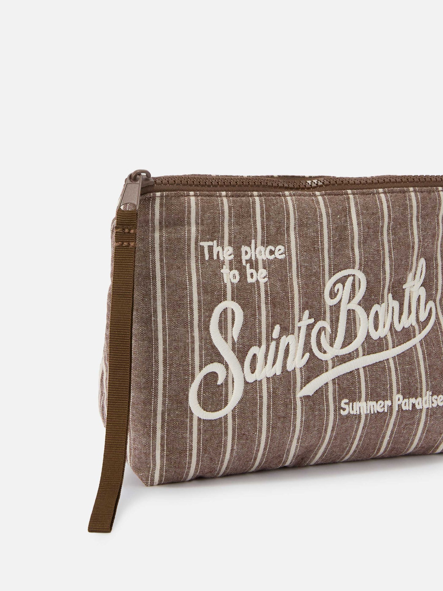 Aline brown narrow striped cotton pouch