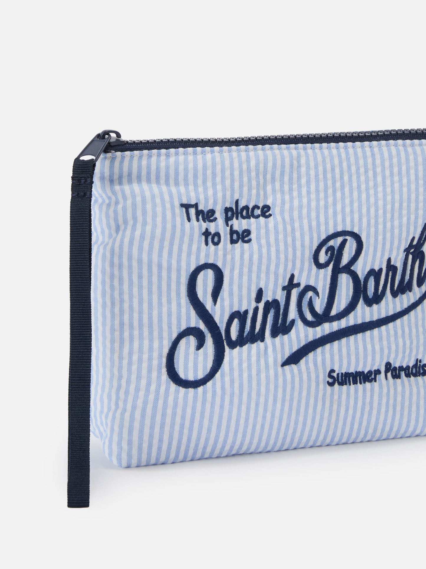 Aline light blue striped seersucker cotton pouch