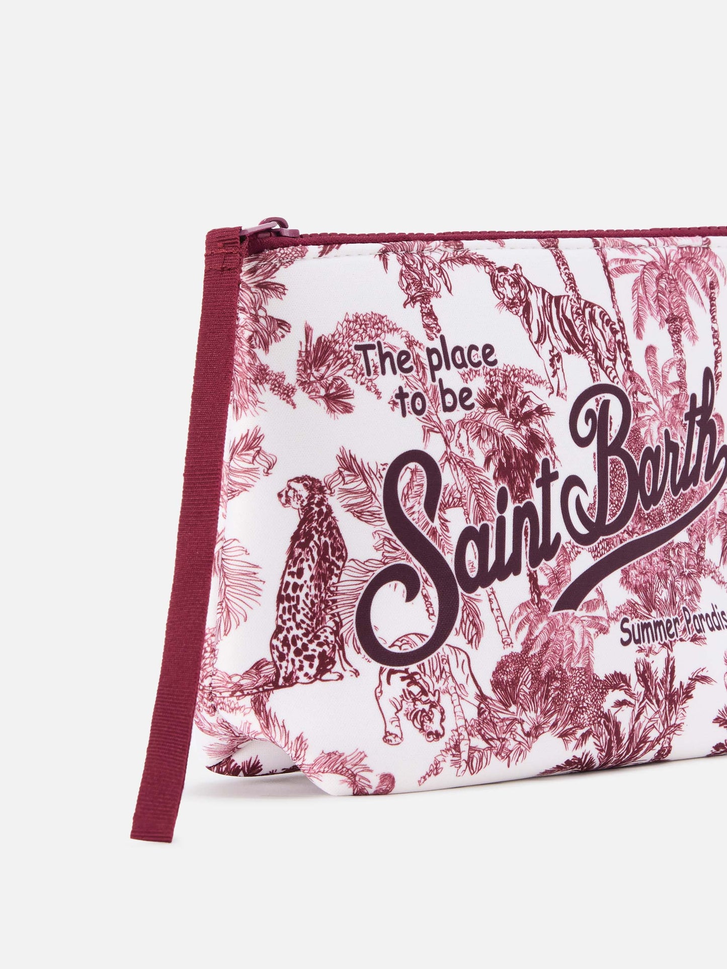 Aline scuba pouch with burgundy Toile de Jouy print