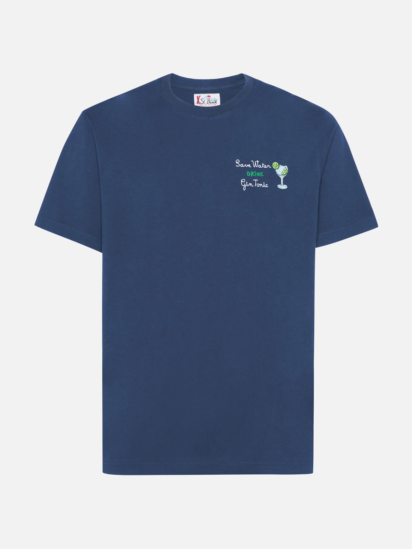 T-shirt Arnott en coton bleu avec broderie Save water drink Gin Tonic