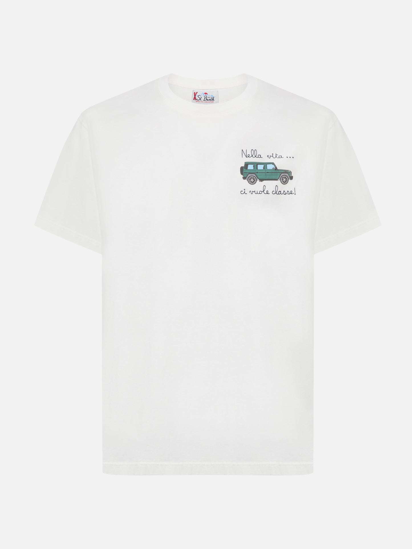 Arnott-Baumwoll-T-Shirt in Weiß mit Auto- und „Nella vita ci vuole classe“-Stickerei