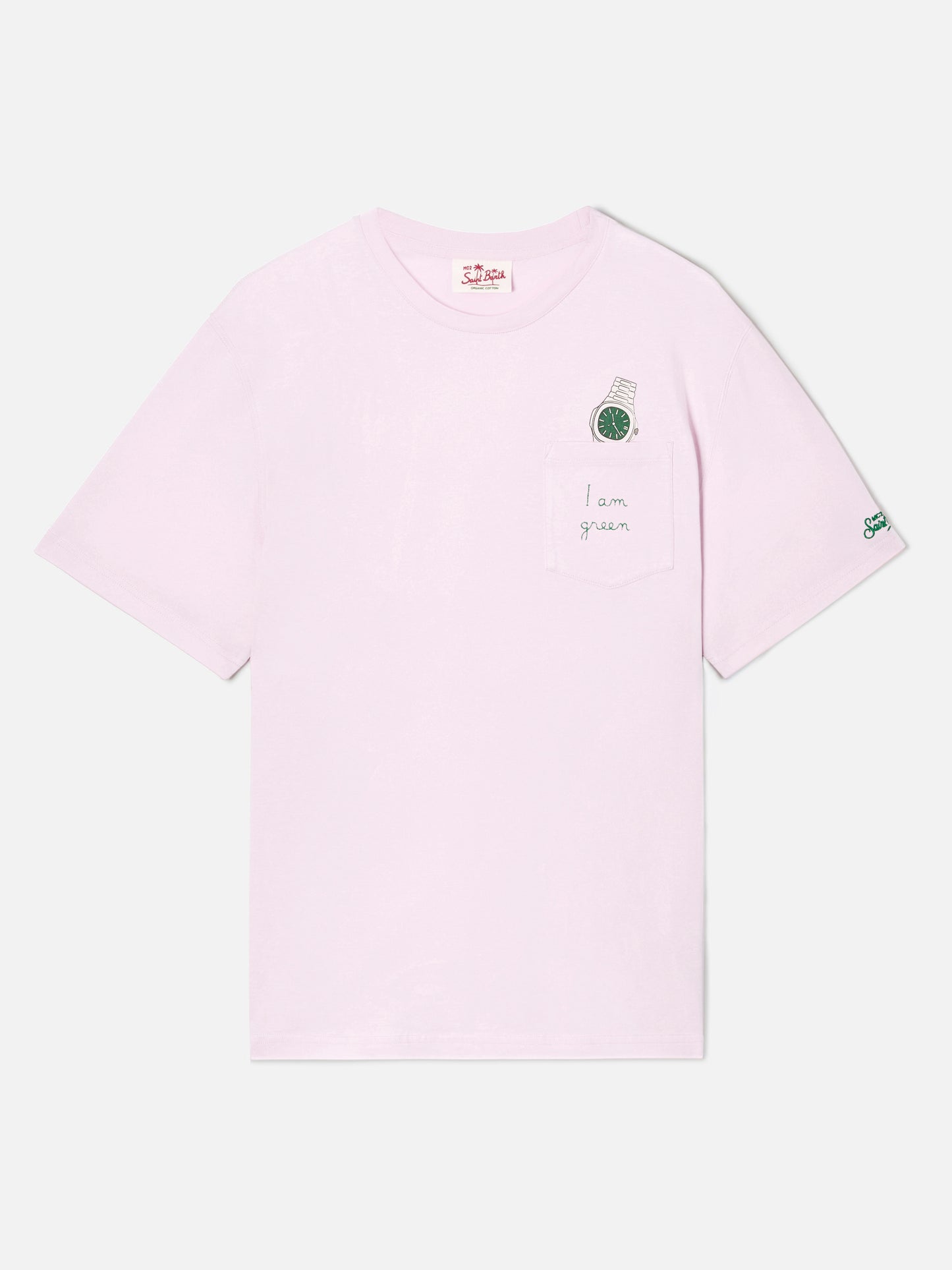 T-shirt Austin rose avec broderie montre et I Am Green