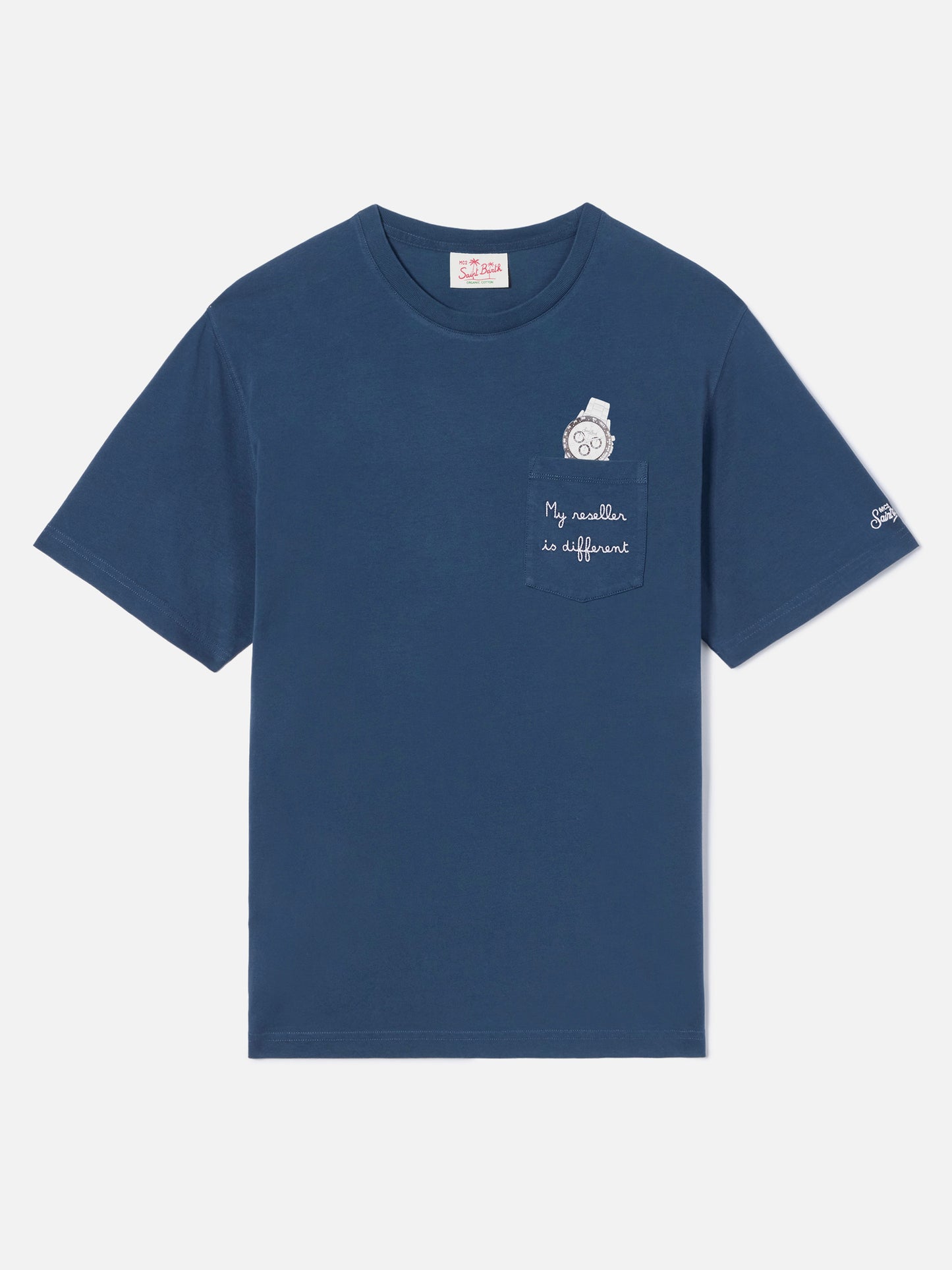 T-shirt Austin bleu avec broderie montre et « My Reseller Is Different »