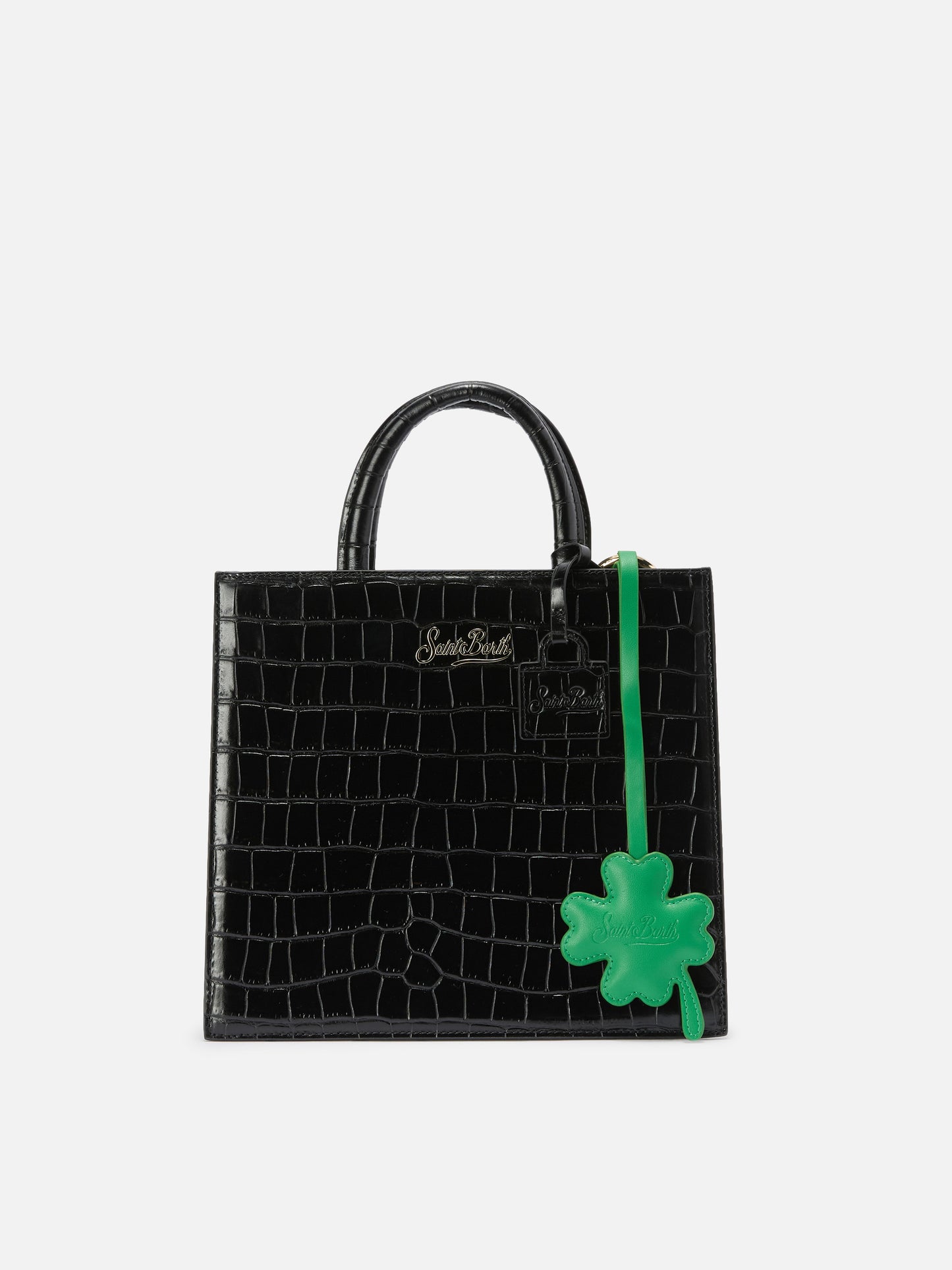 Taschenanhänger in Form eines vierblättrigen Kleeblatts aus grünem Leder