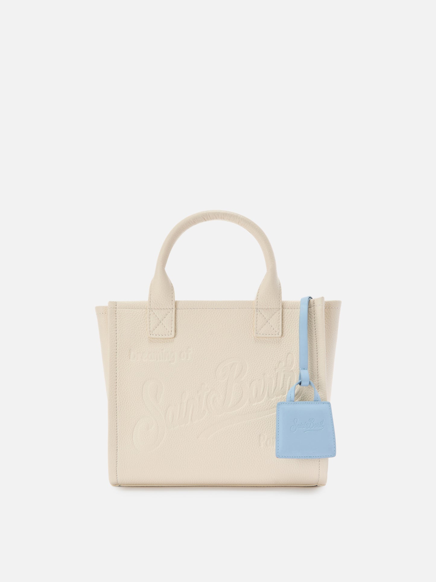 Charm para bolso de piel lisa azul claro con logo en relieve