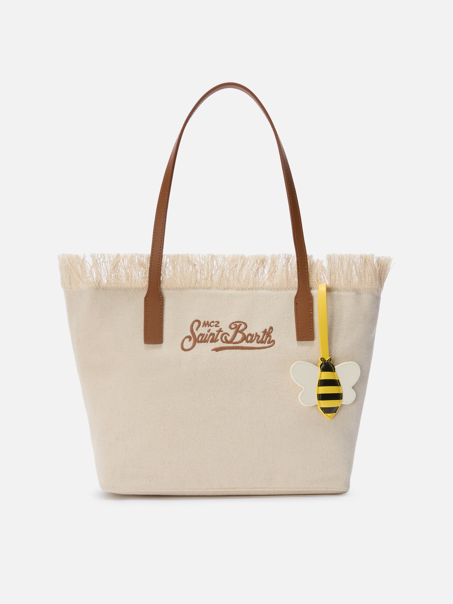 Bee-shaped smooth leather bag charm with logo tag