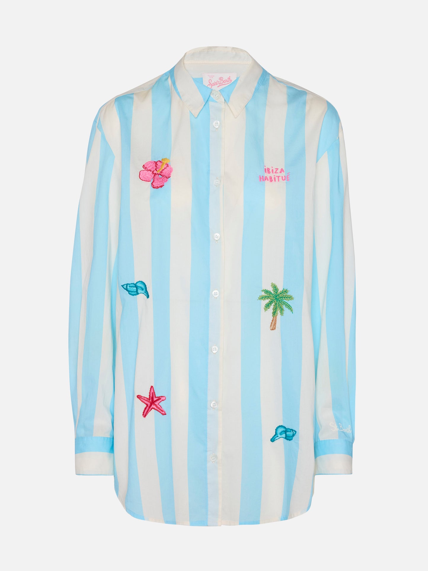 Brigitte camicia in cotone a righe con ricamo Ibiza