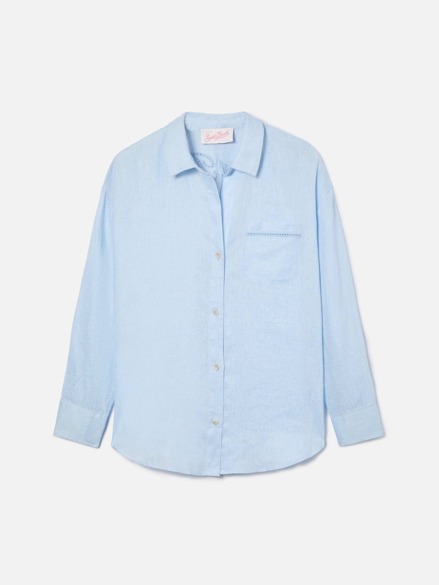 Chemise Cristal en lin bleu clair avec broderie Saint Barth ajourée