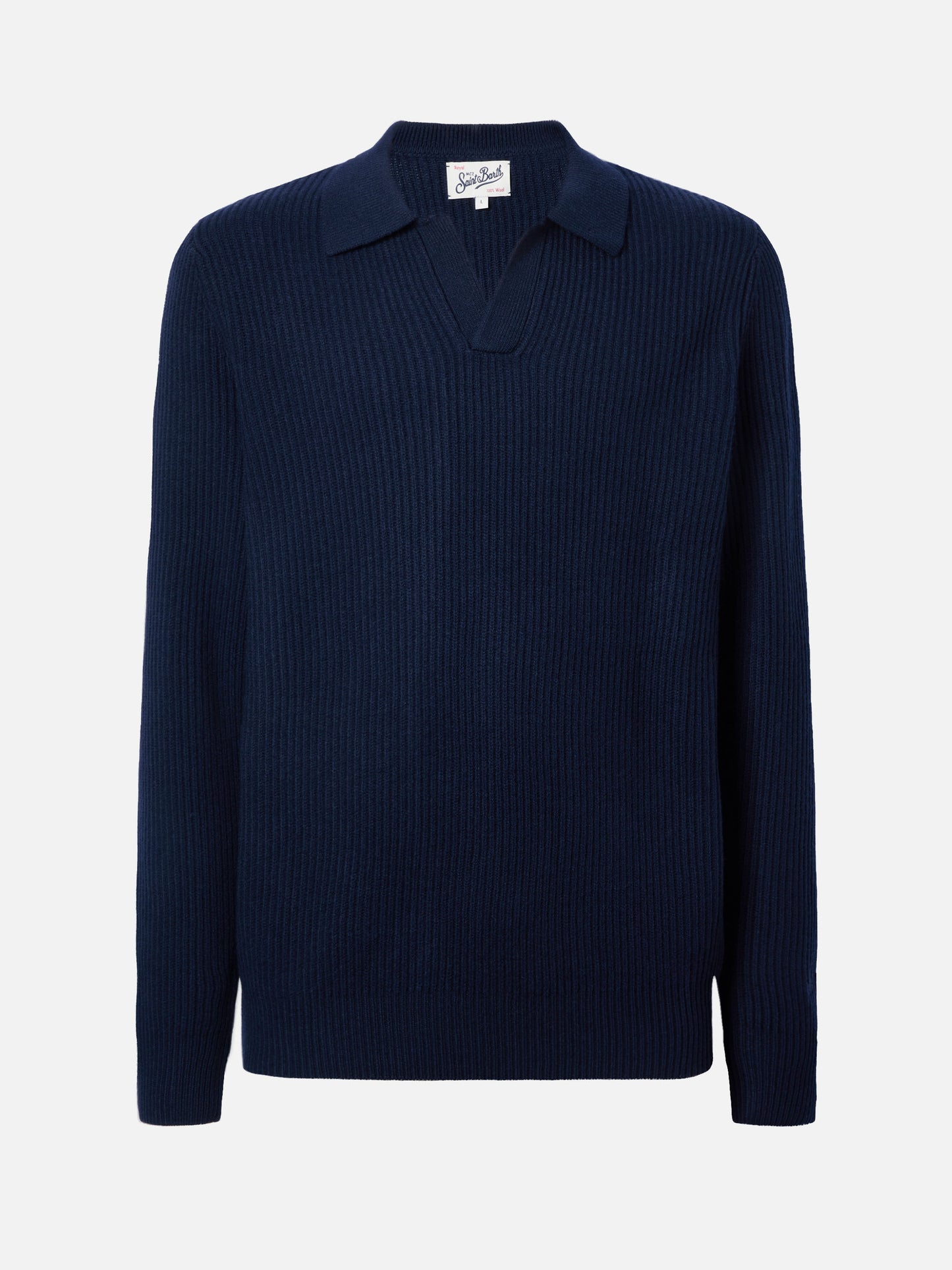 Marineblaues Polohemd aus reiner Wolle, gestrickt von Downing