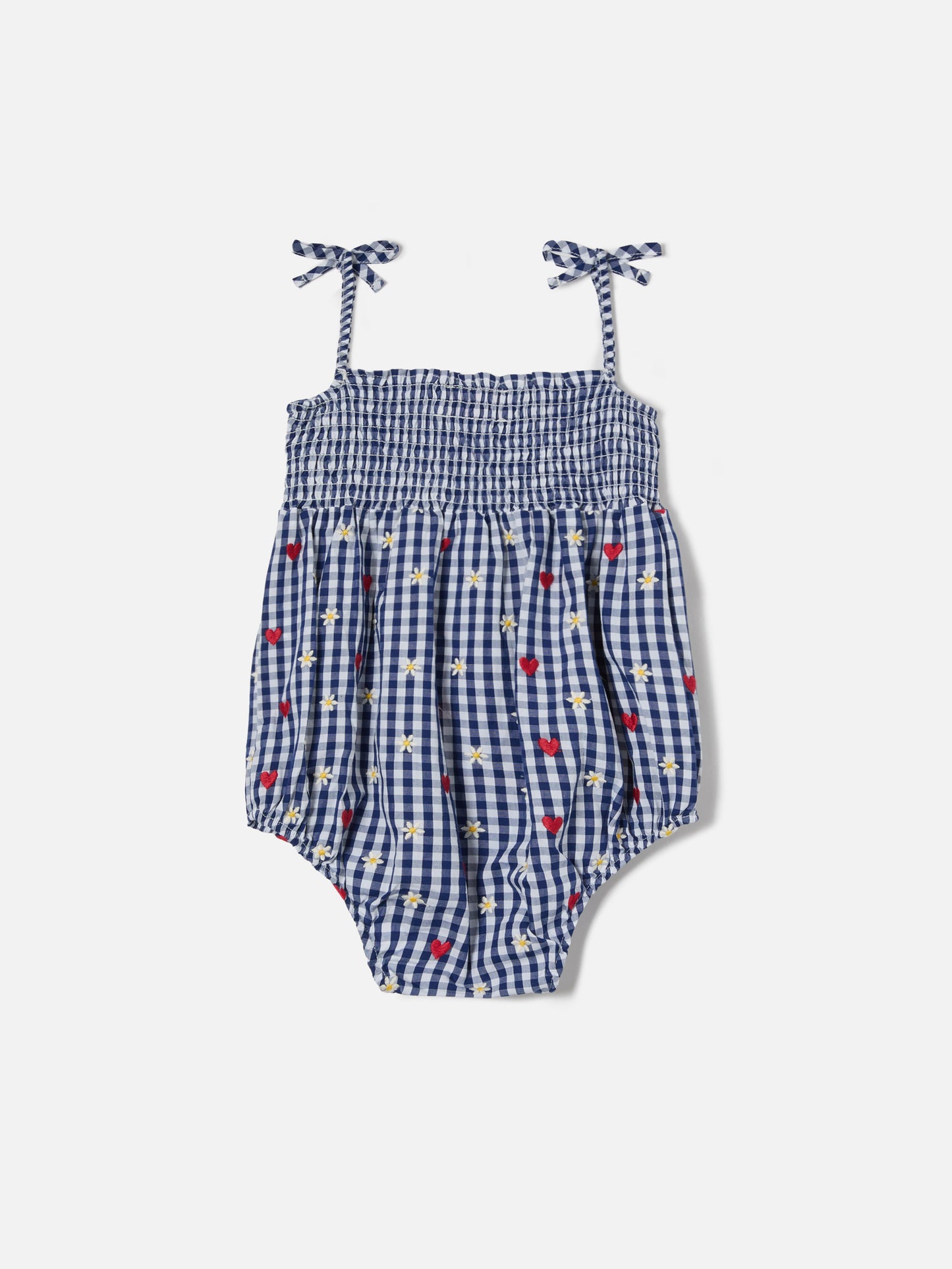 Dudu short romper in yarn dyed vichy with all over embroidery