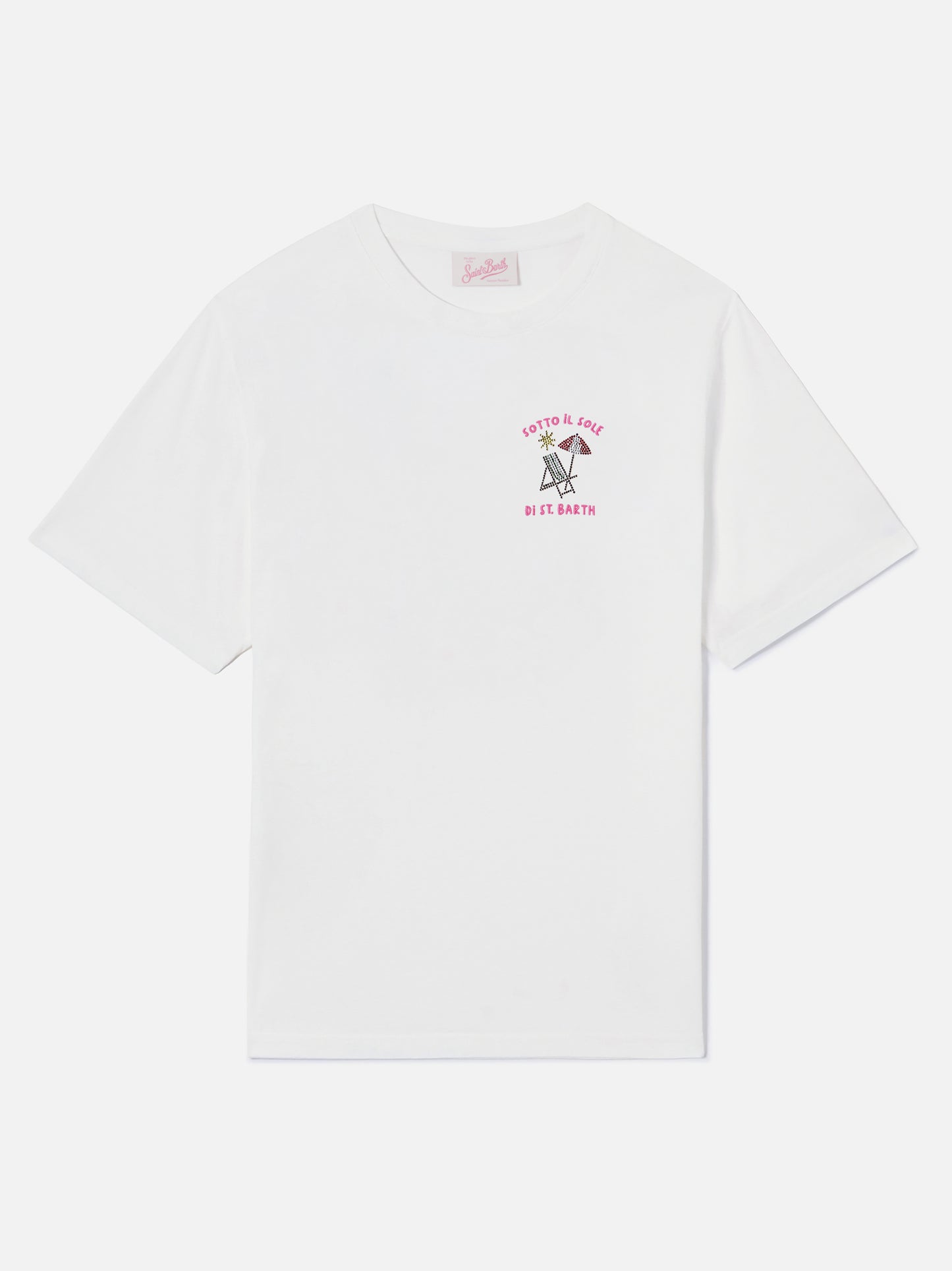 White Emily t-shirt with Sotto al Sole di St. Barth strass embroidery