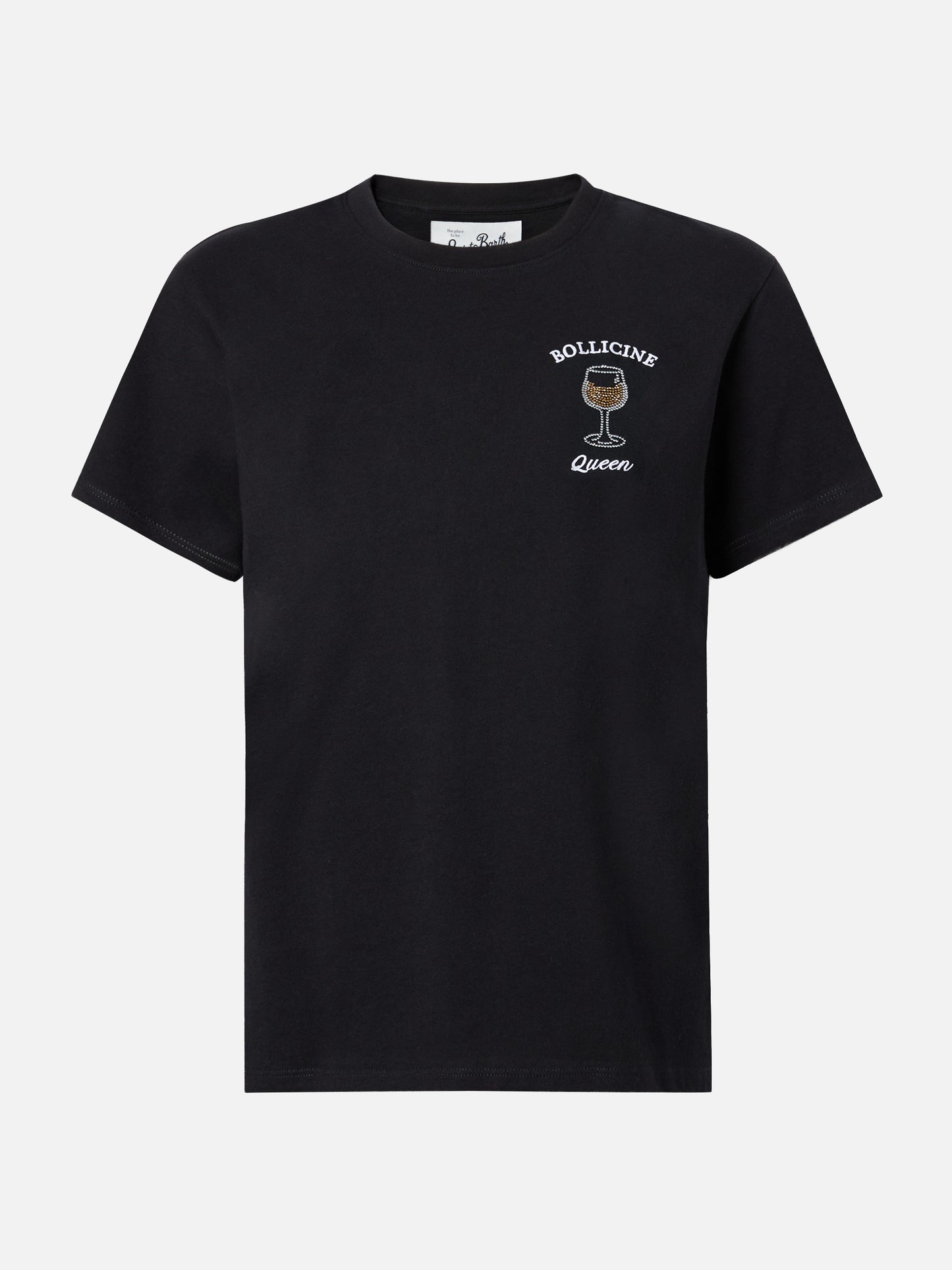 Emilie cotton T-shirt in black with Bollicine Queen rhinestone appliqué