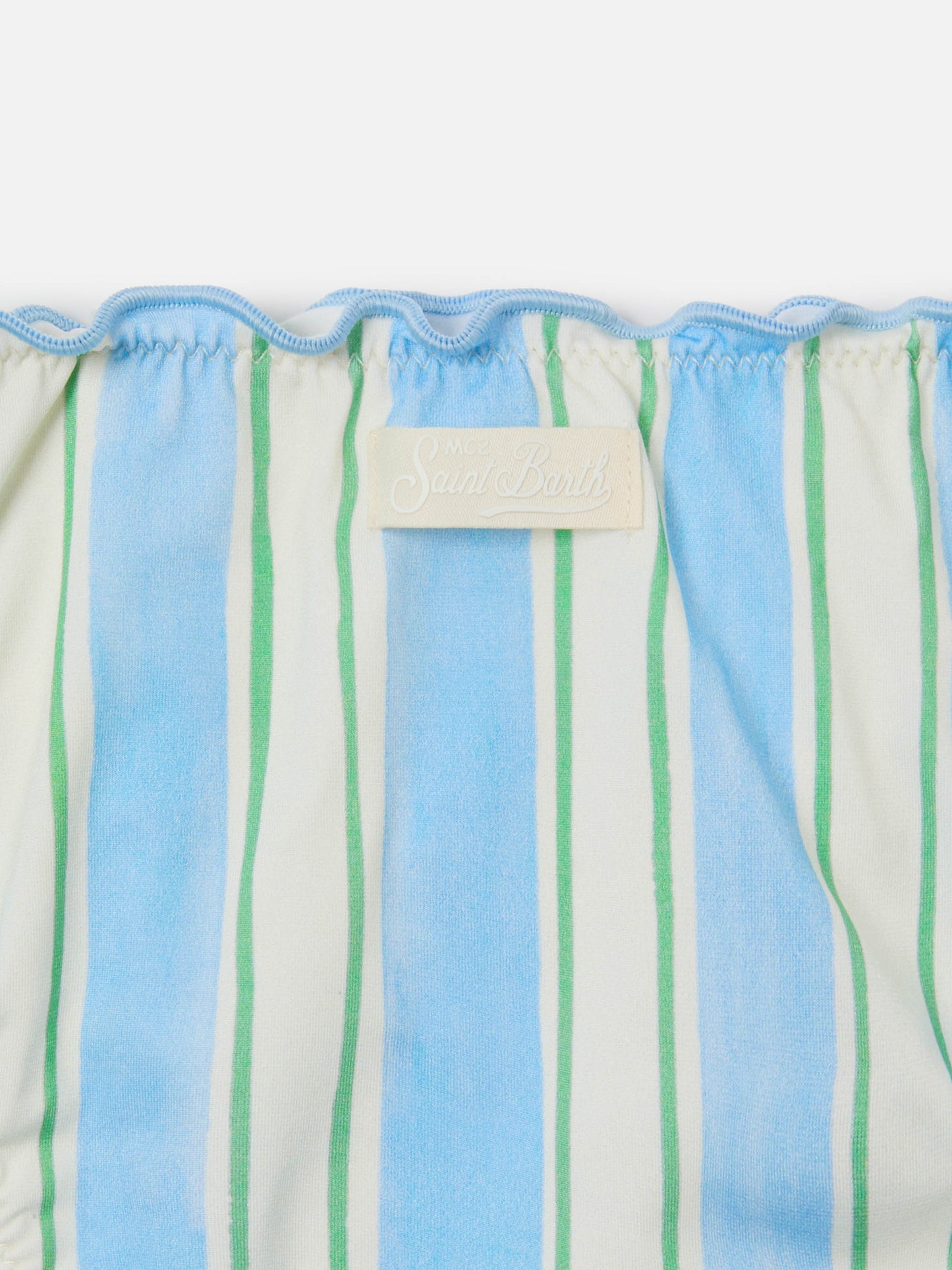 Bikini Emy blanc, bleu clair et vert à rayures, avec bords volantés