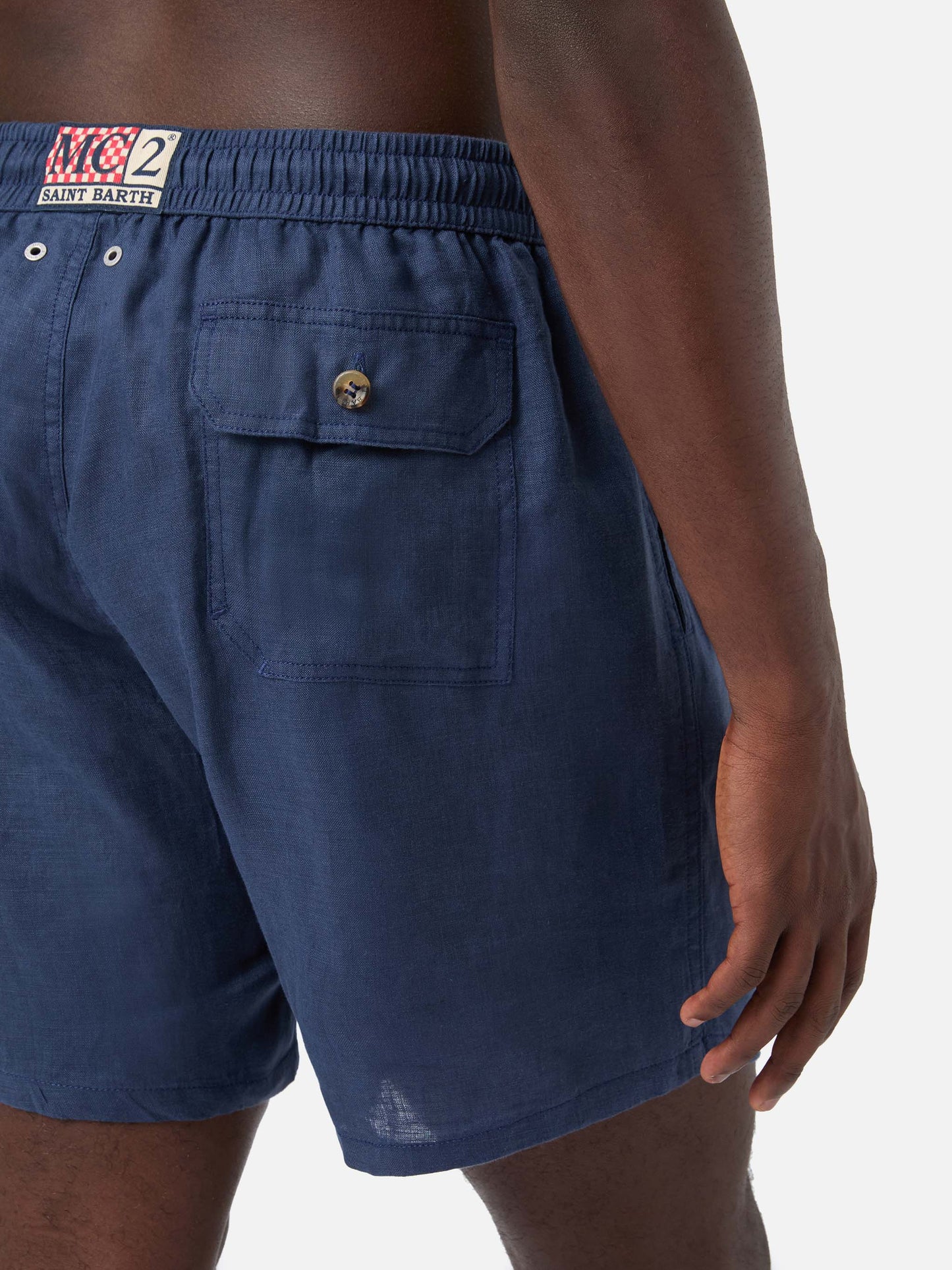Short de bain en lin uni bleu Gustavia
