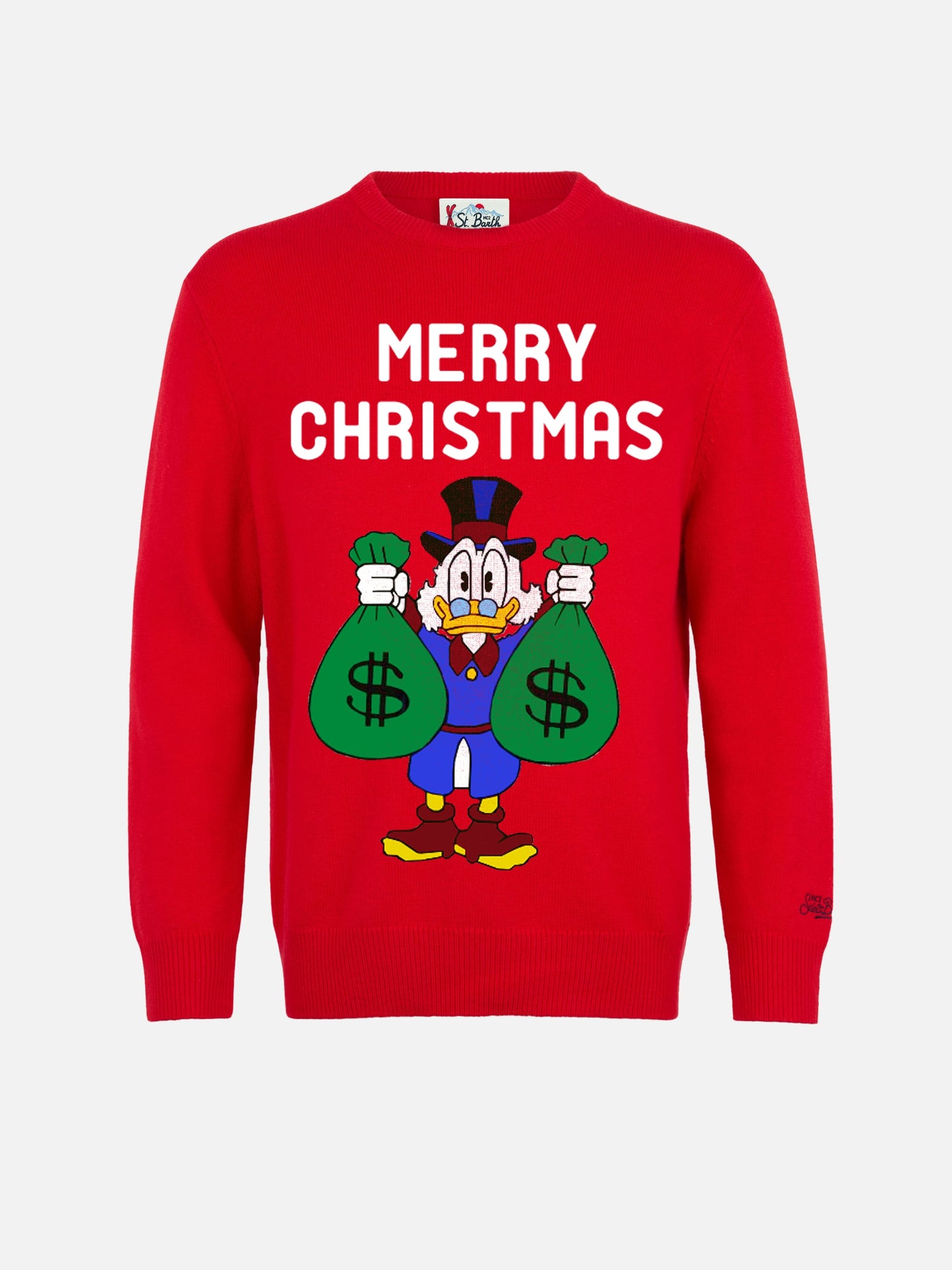 Roter Heron-Pullover mit Uncle Scrooge Merry Christmas-Jacquard | DISNEY SPECIAL EDITION