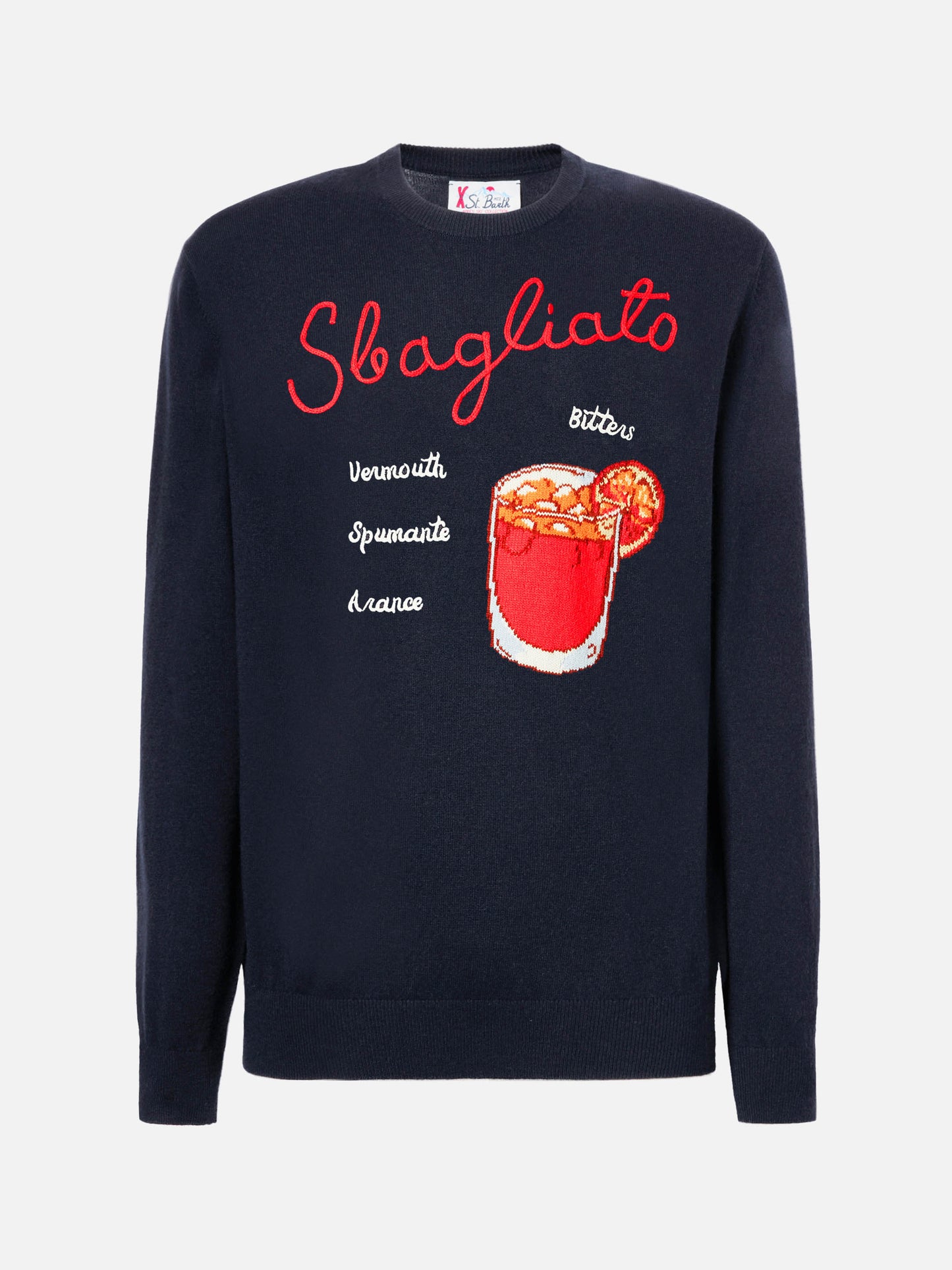 Blauer Pullover mit Reihermotiv und Sbagliato-Stickerei
