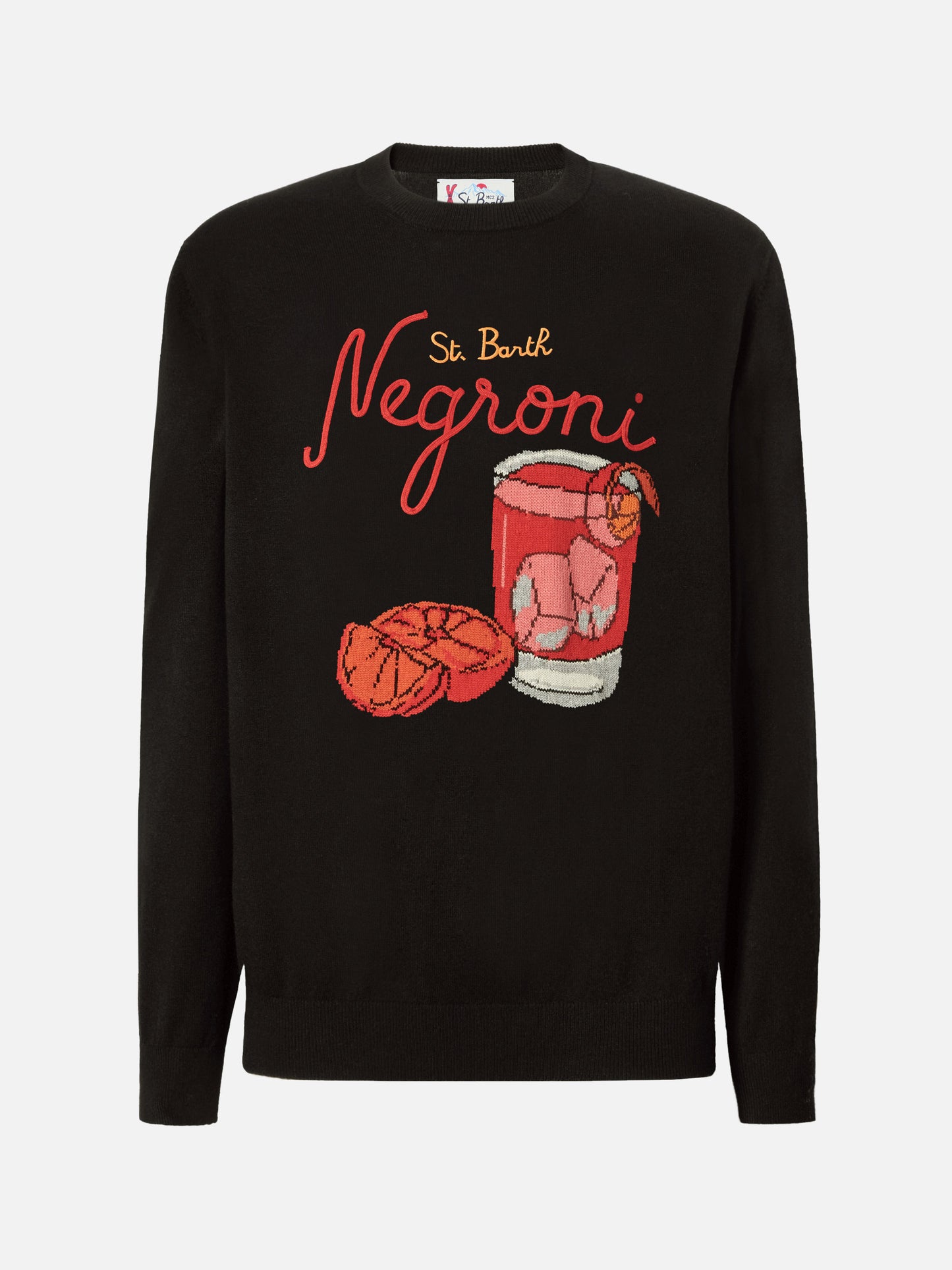 Schwarzer Pullover mit Reihermotiv und St. Barth Negroni-Stickerei
