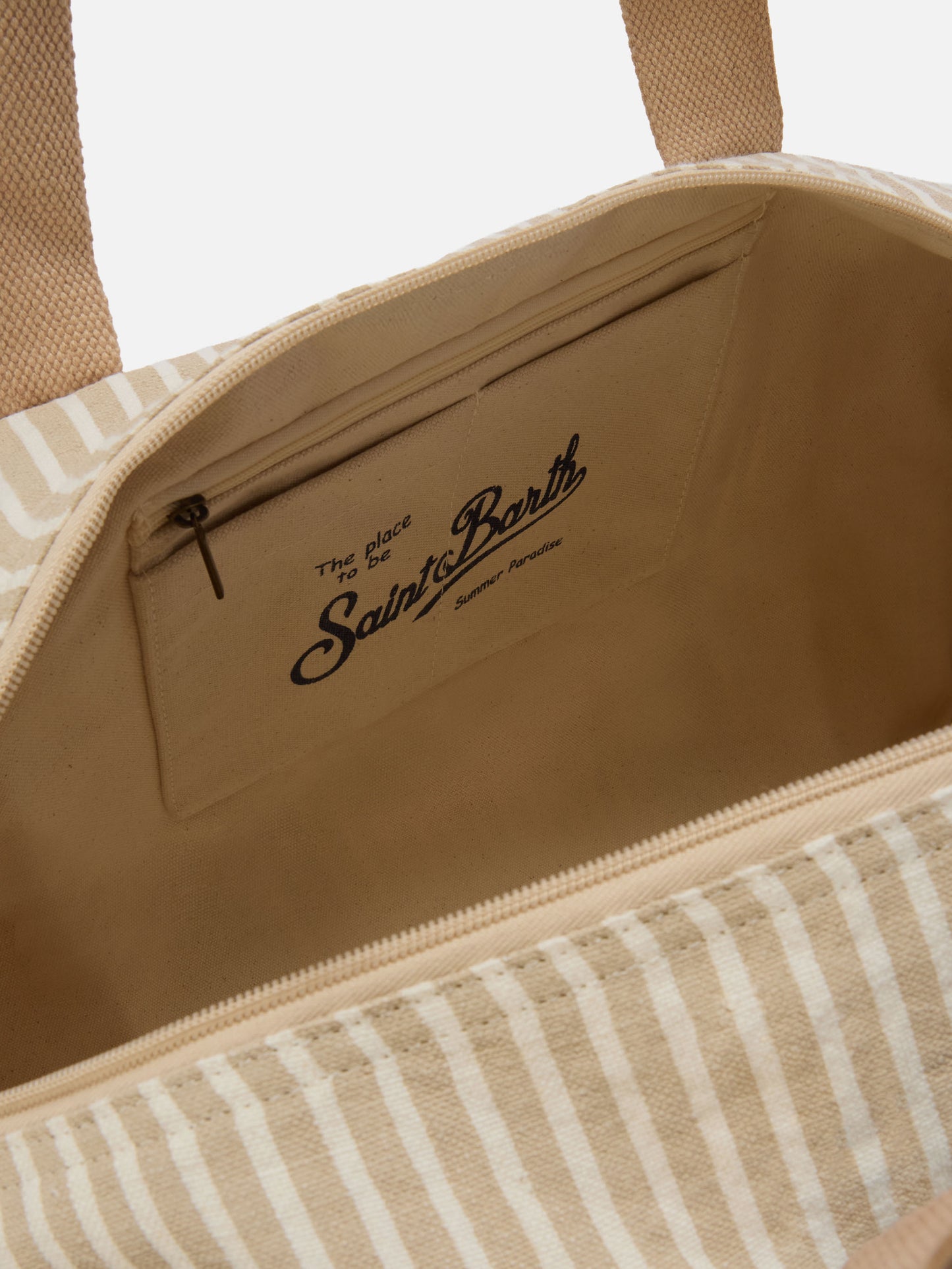 Borsone Round Jetleg in lino a righe beige e bianche