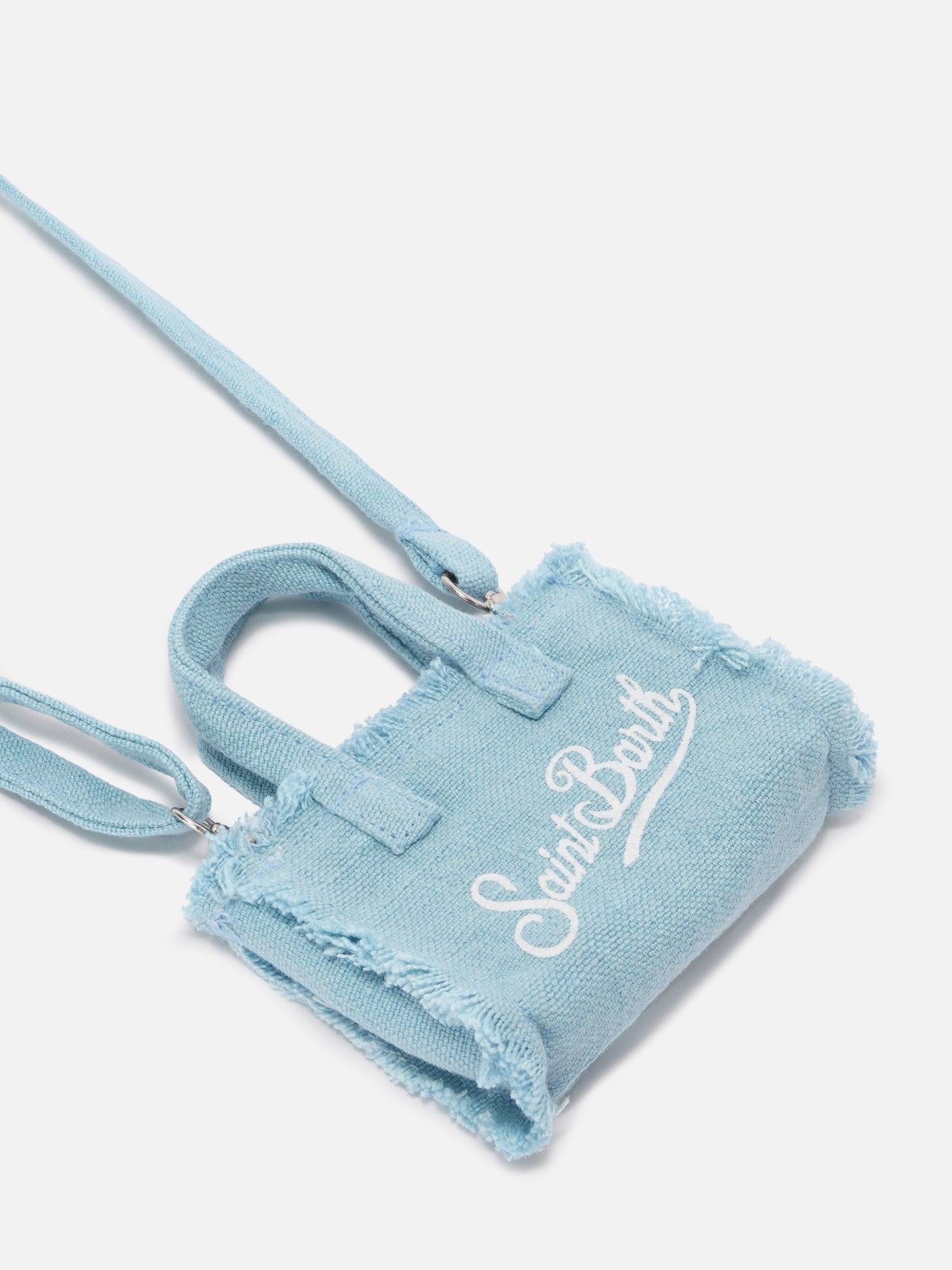 Light blue linen mini bag–shaped keychain with printed logo