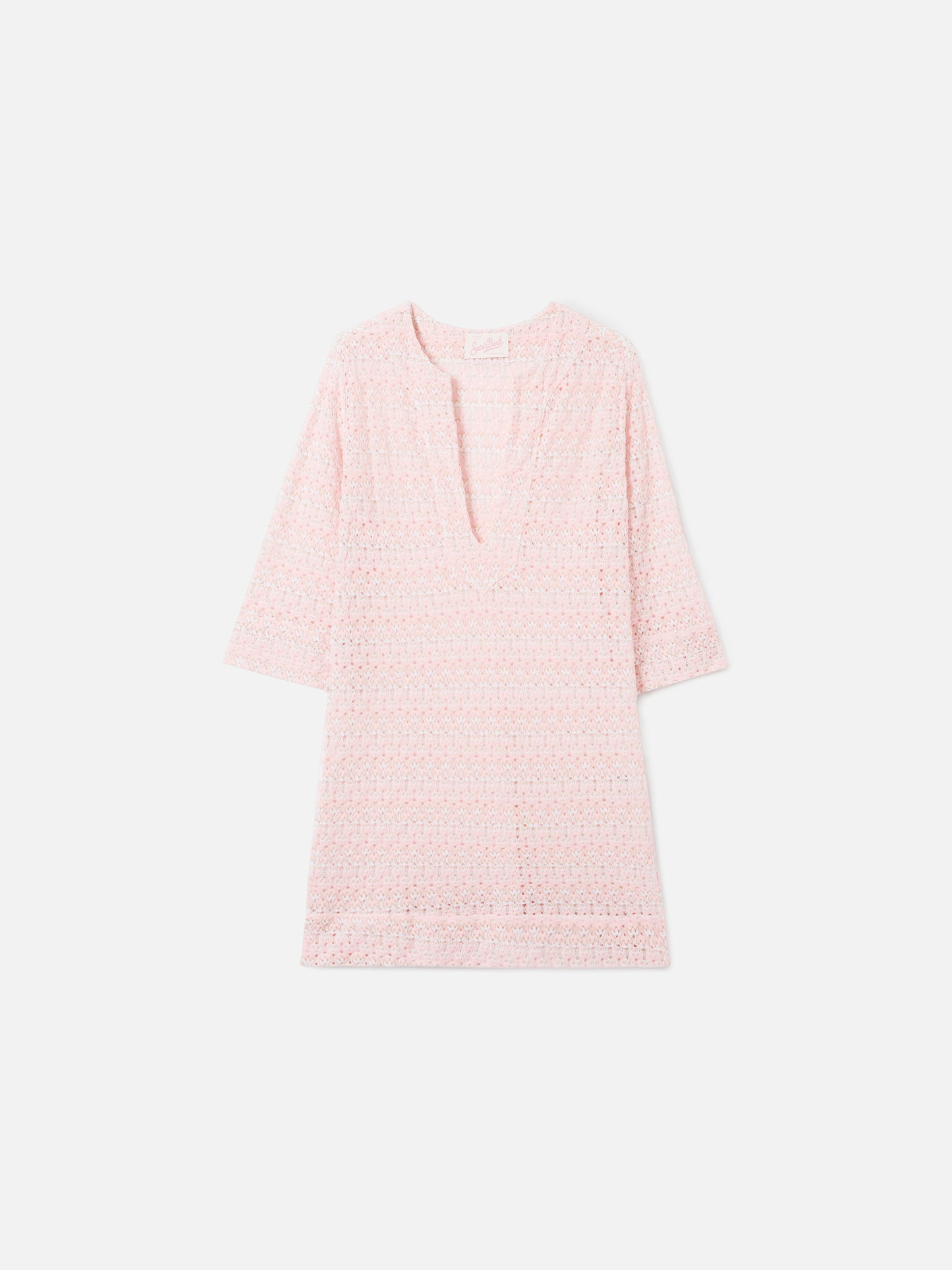 Short Macha dress in raschel fabric with floral motif