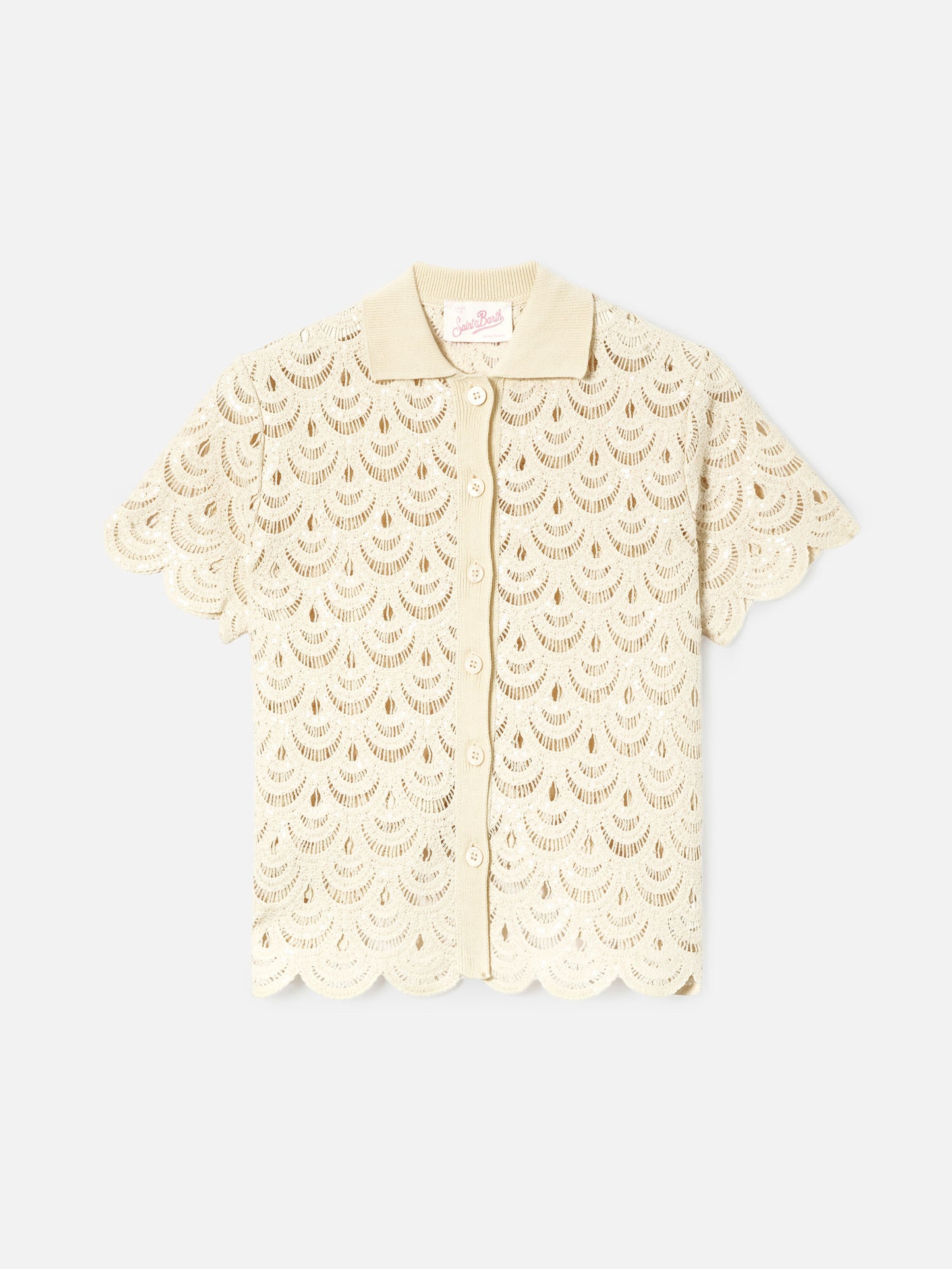 Monet crochet-effect cotton knit polo with sequins