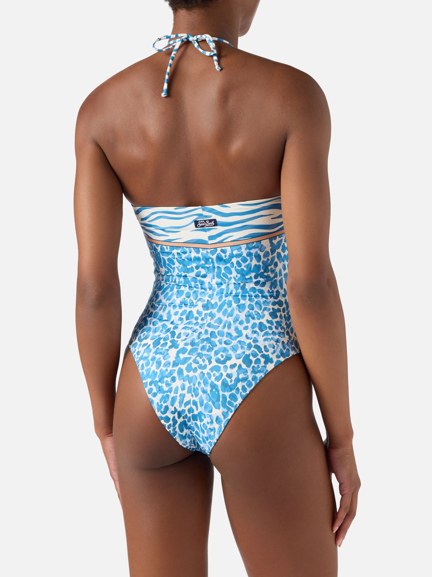 Meryem one-piece swimsuit with light blue leopard animal print