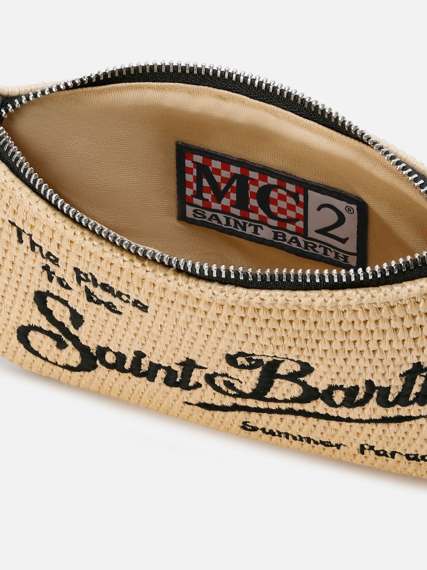 Mini Parisienne straw-effect pouch with black logo embroidery