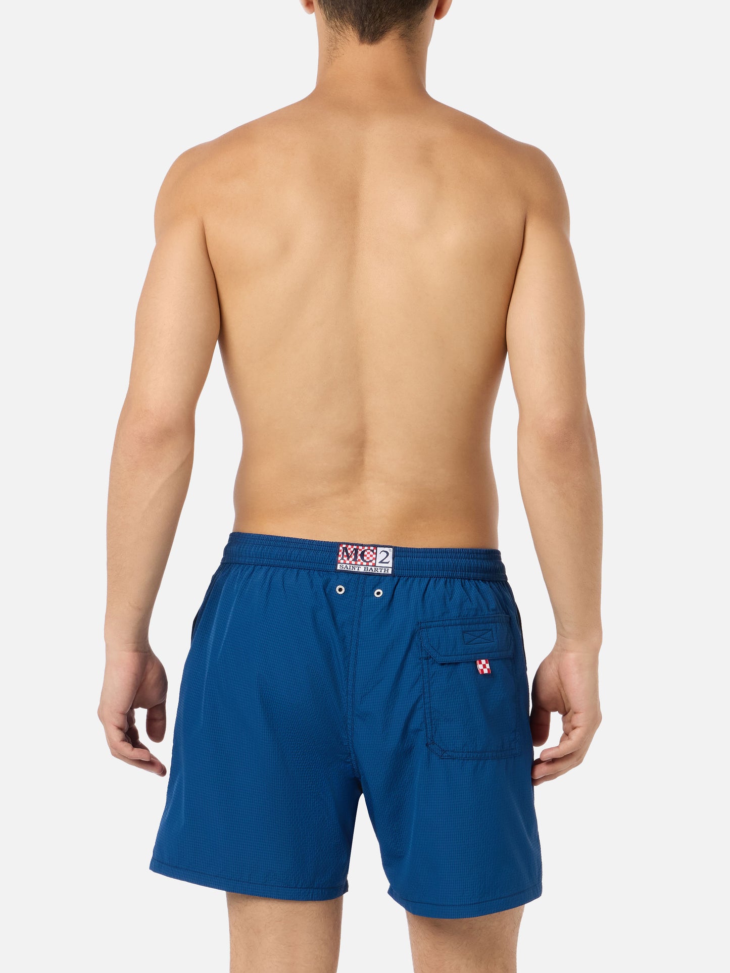 Patmos marineblaue Seersucker-Badeshorts im klassischen leichten Stil