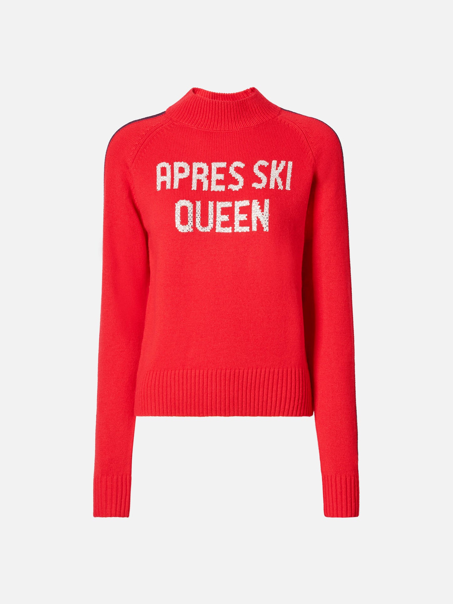 Peak cashmere-blend mock-neck in red with Apres ski queen rhinestone appliqué
