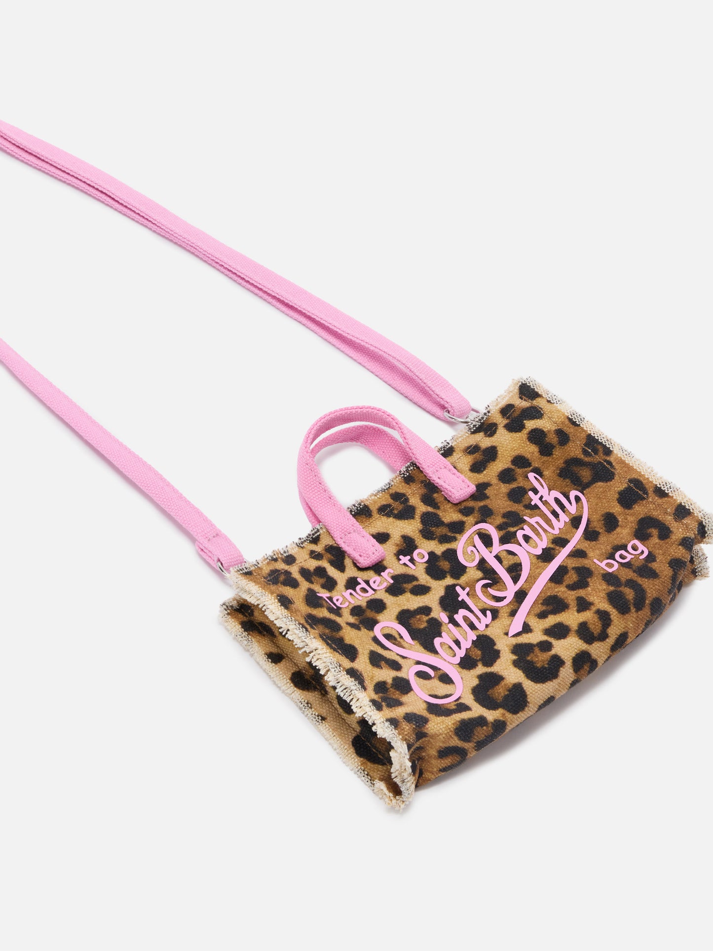 Borsa Phone micro in canvas con fantasia leopardata e logo rosa a contrasto