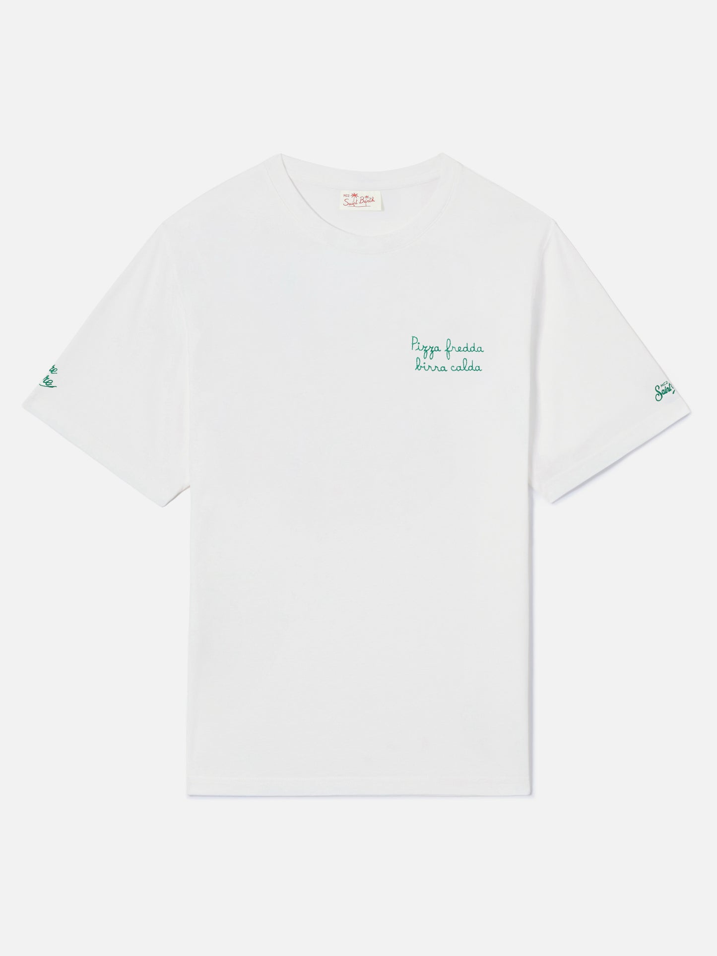 Camiseta Portofino blanca con bordado Pizza Fredda Birra Calda