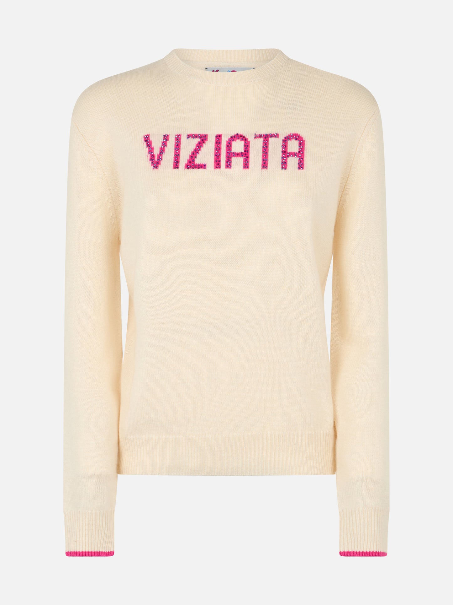 Woman white sweater New Queen with Viziata jacquard with rhinestones - MC2 Saint Barth