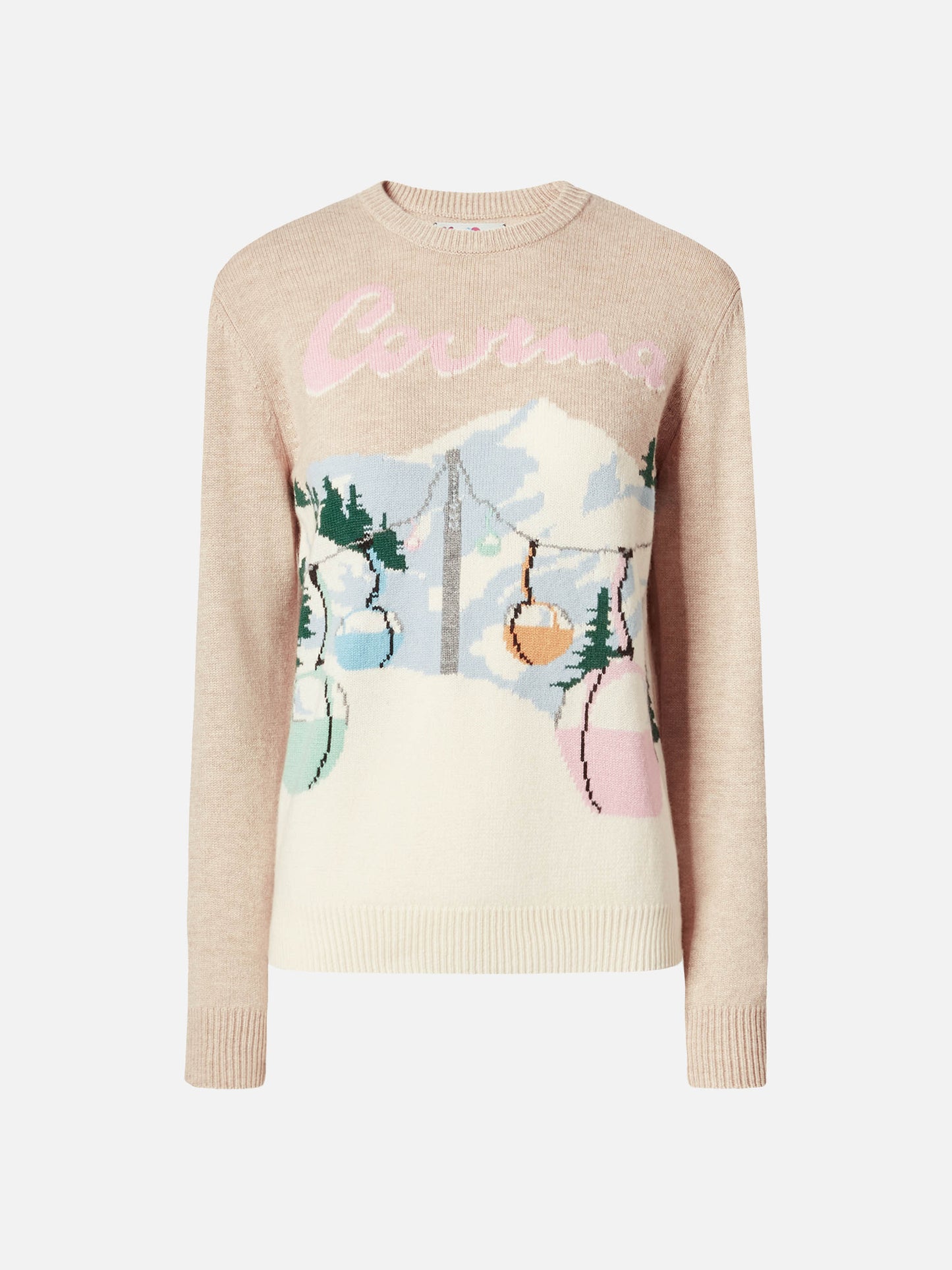 Neuer Queen-Pullover aus Kaschmirmischung in Beige mit Courma-Postkarten-Jacquardmuster