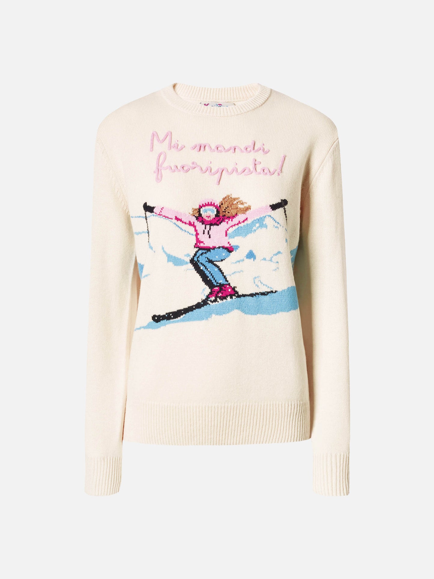 Neuer weißer Queen-Pullover aus Kaschmirmischung mit Postkarten-Jacquardmuster und Stickerei.