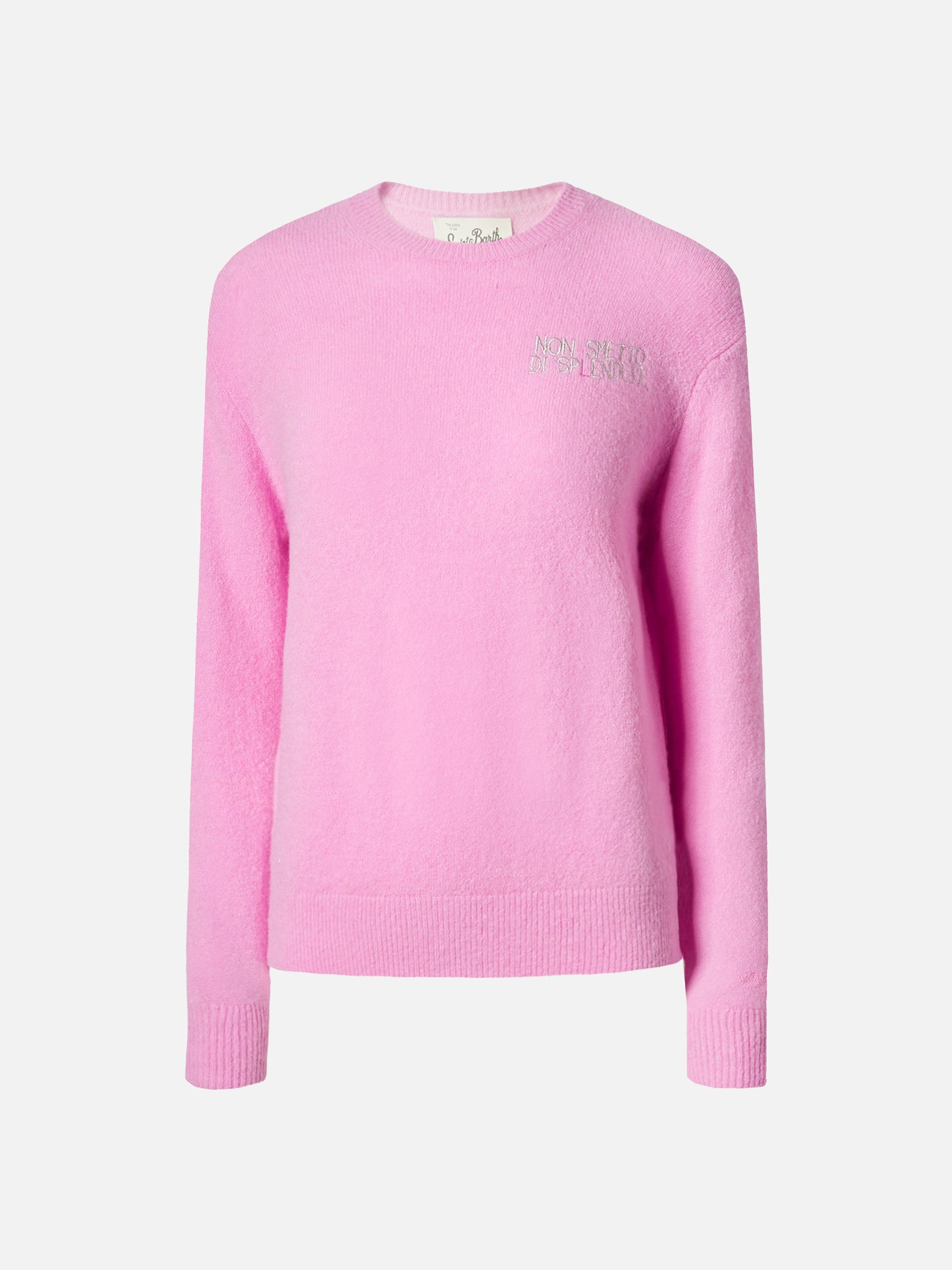 Jersey elástico New Queen en mezcla de lana merino y alpaca en rosa con bordado Non smetto di sp(l)endere