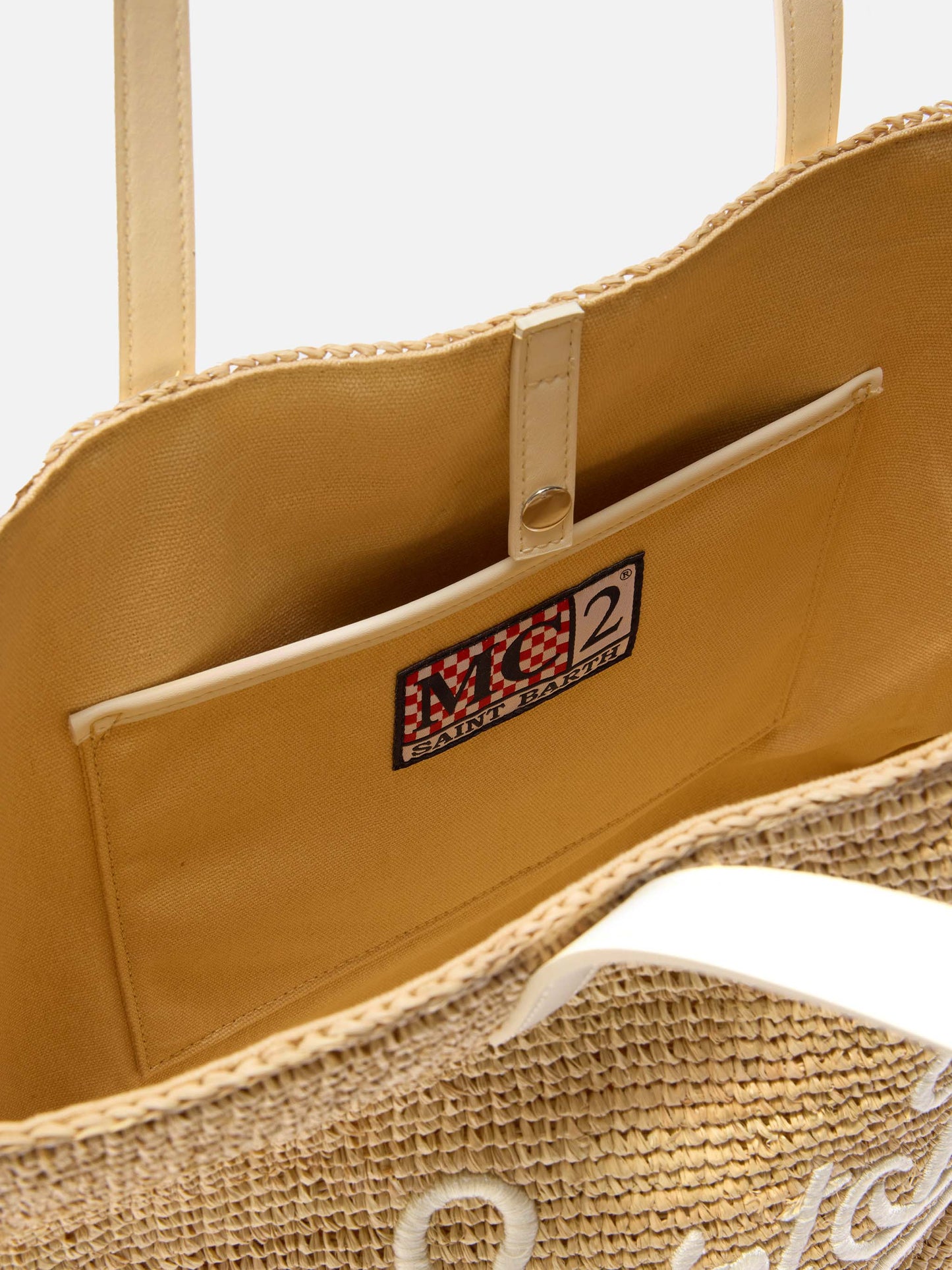 City raffia bag with contrasting ivory embroidered logo