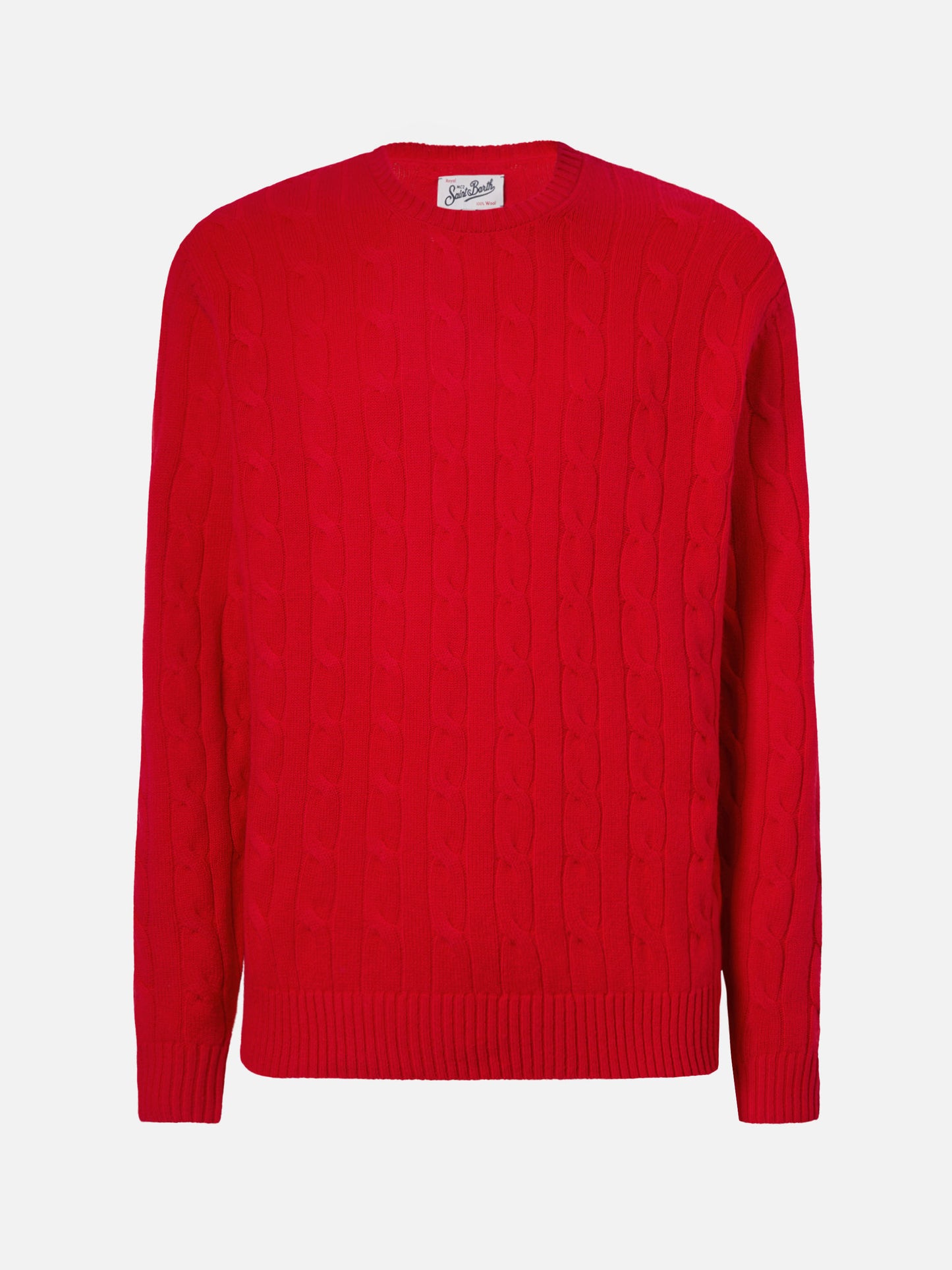 Rundhals-Zopfstrickpullover Regent aus 100 % roter Wolle