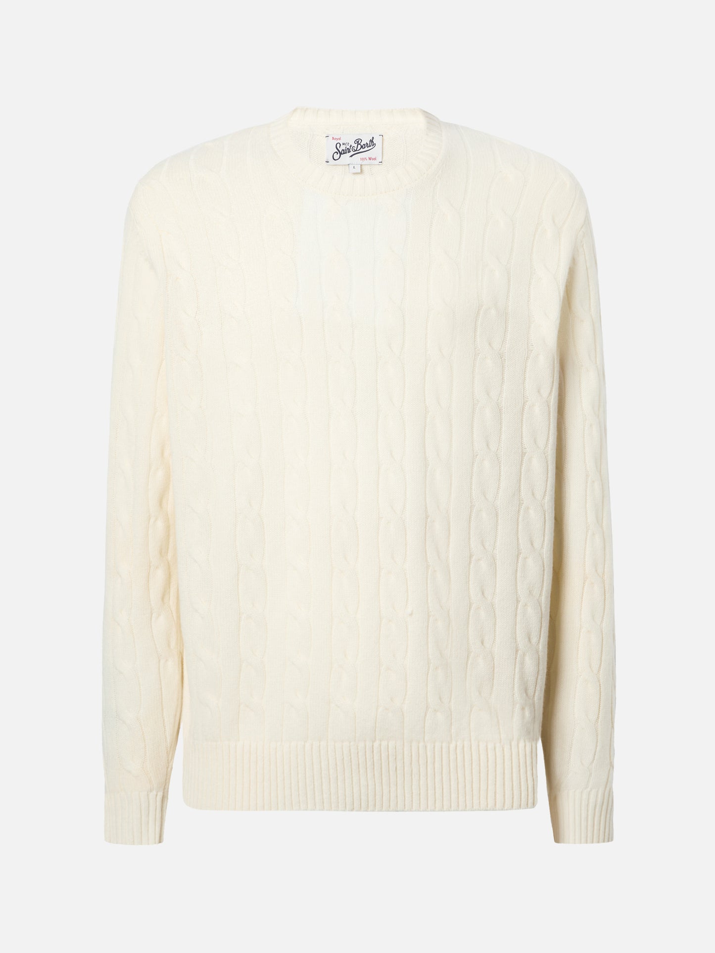 Rundhals-Zopfstrickpullover Regent aus 100 % weißer Wolle