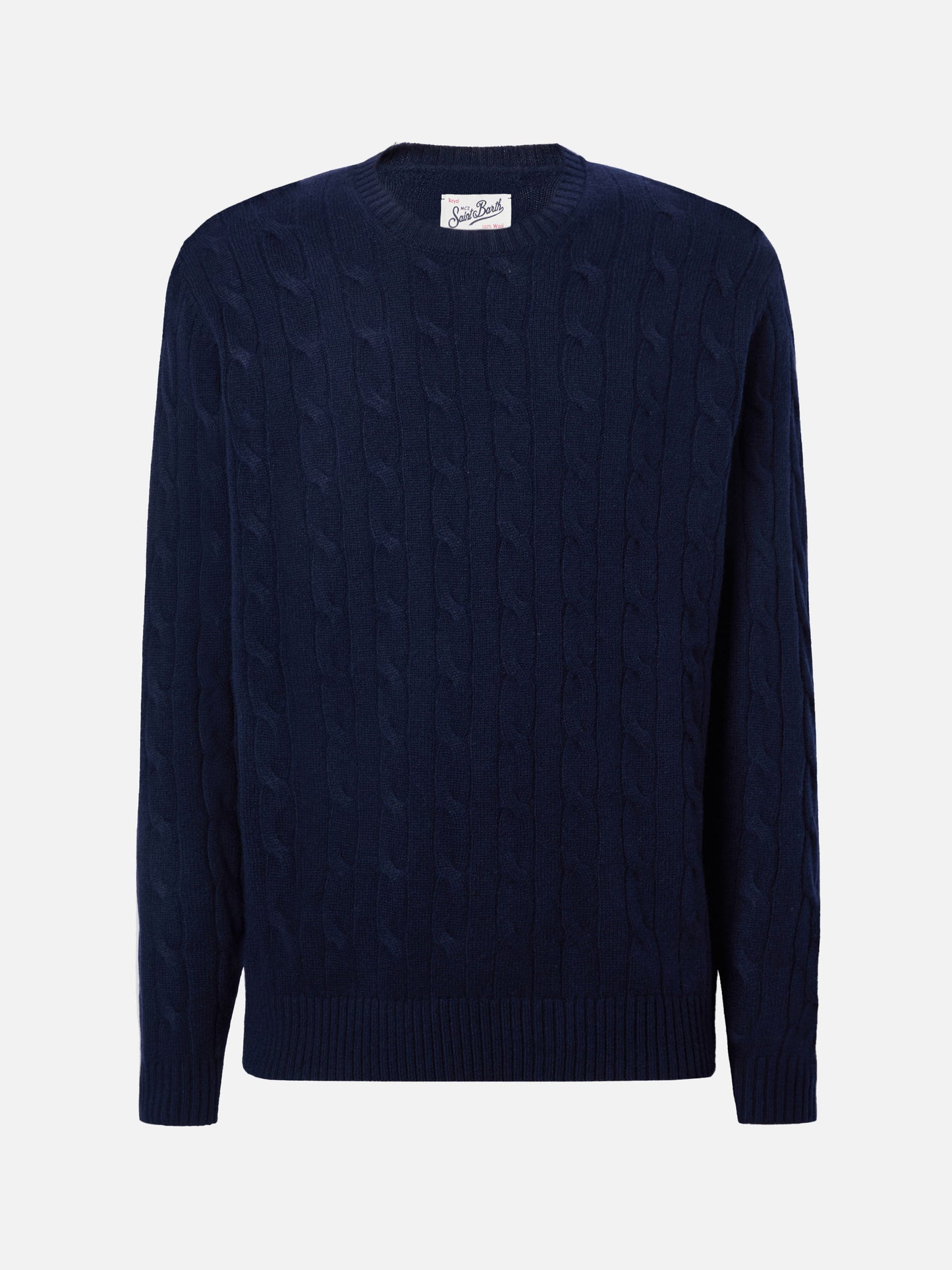 Rundhals-Zopfstrickpullover Regent aus 100 % marineblauer Wolle
