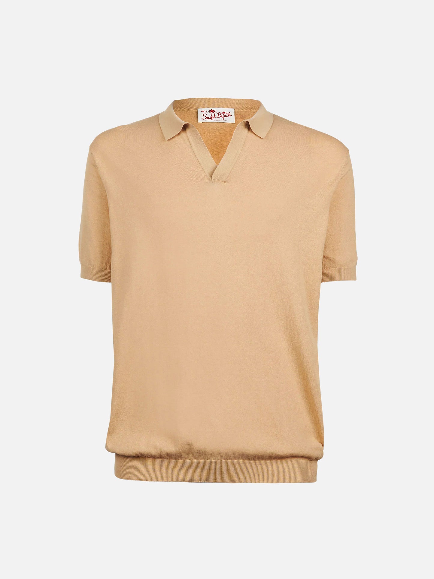 Sloan beigefarbenes, gestricktes Poloshirt ohne Knöpfe