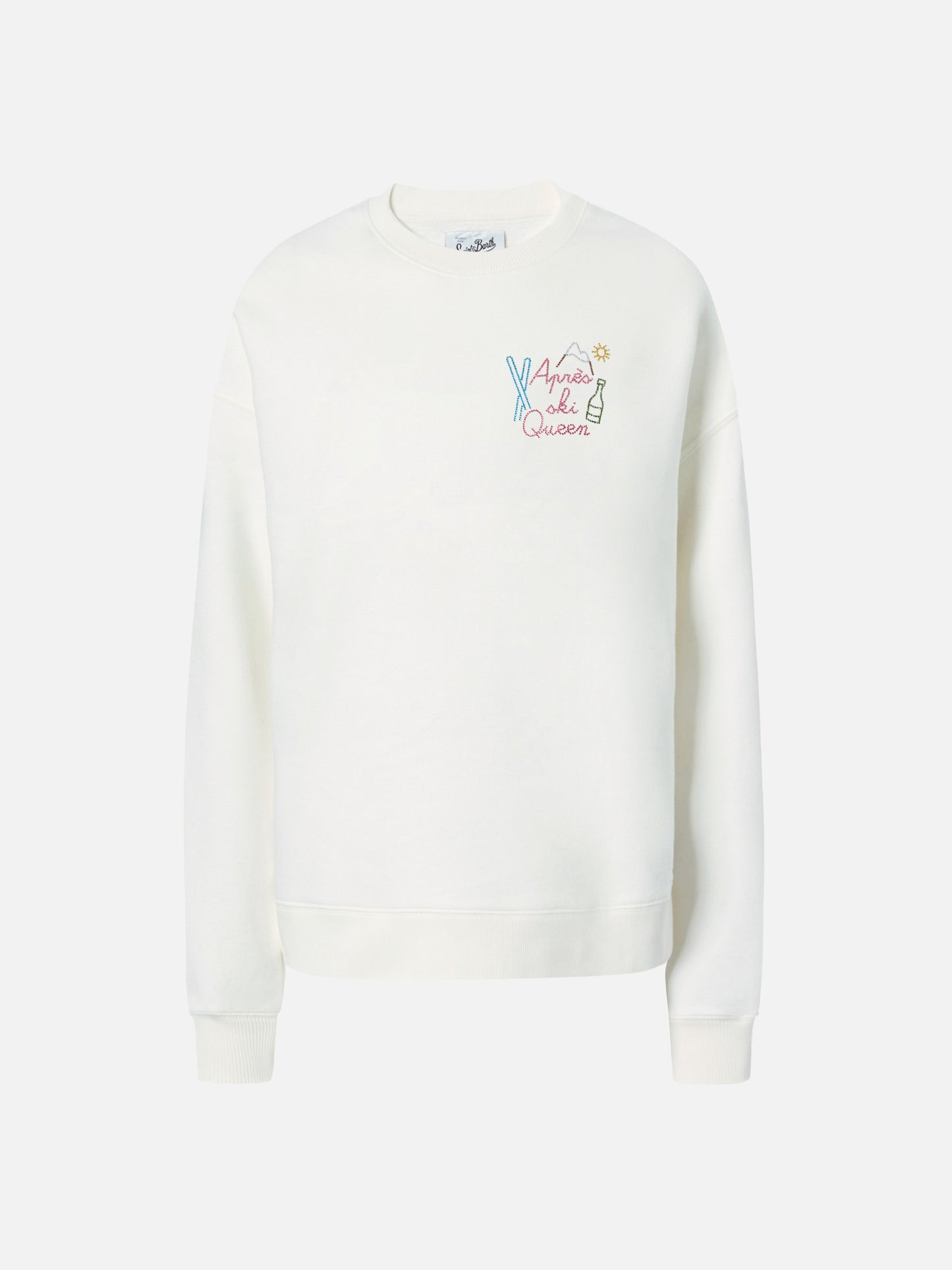 Sternenstaub-Baumwoll-Sweatshirt in Weiß mit Strassapplikationen Après-Ski-Queen