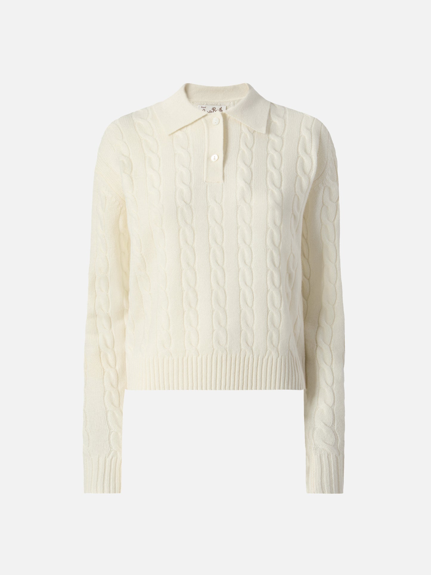 Savoy Polo-Pullover aus Merinowolle mit weichem Griff und Zopfmuster in Weiß