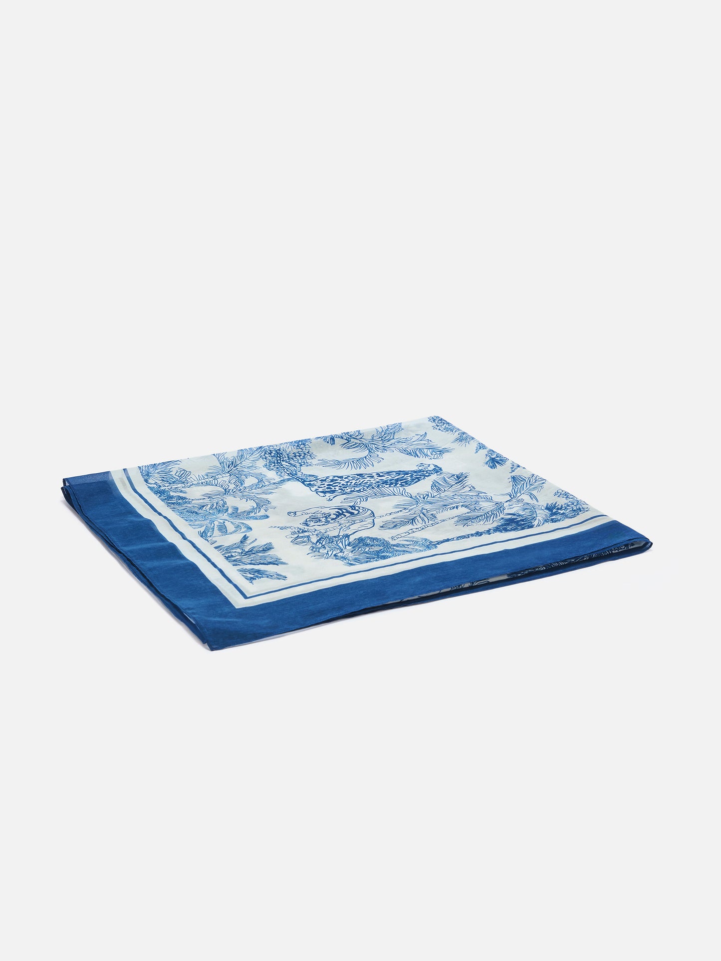 Pareo largo Thaiti en mezcla de seda con estampado toile de jouy azul