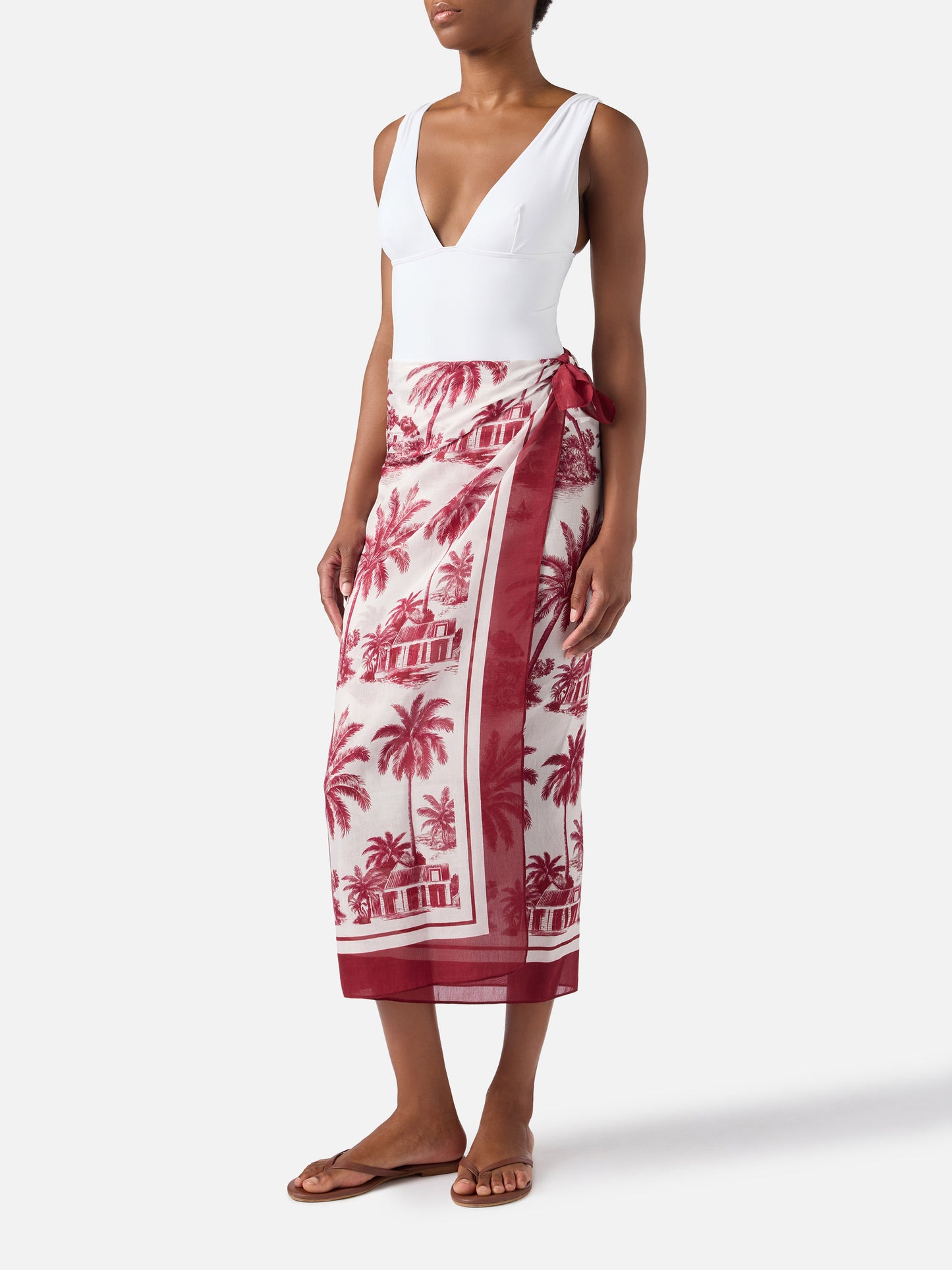 Pareo lungo Thaiti misto seta con stampa le toile de jouy bordeaux