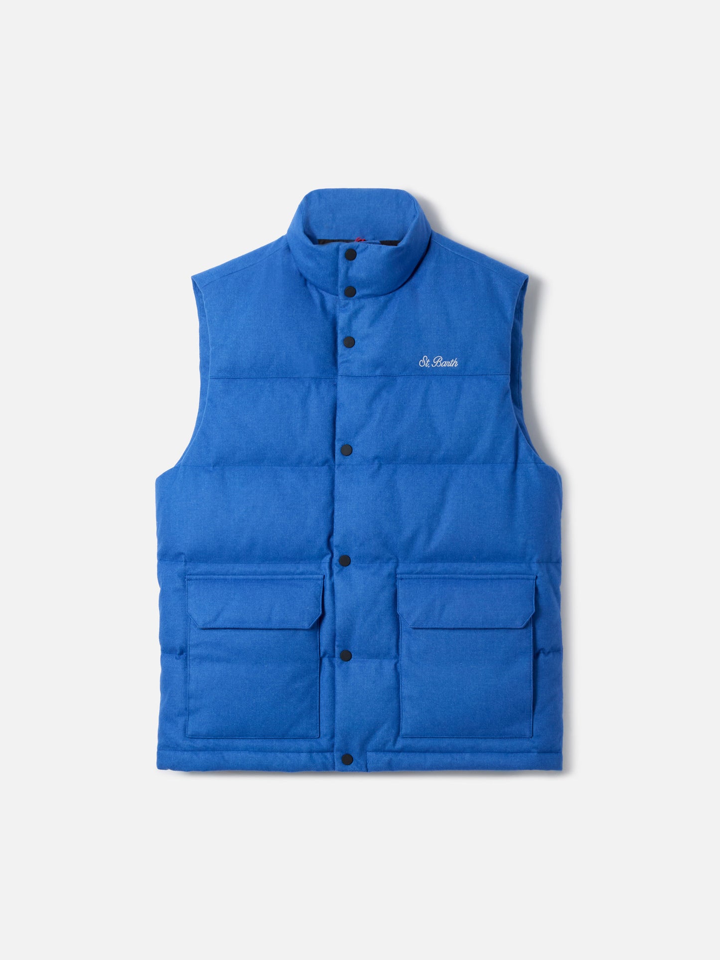 Herrenweste aus blauer Wolle mit Daunenfüllung und Taschen