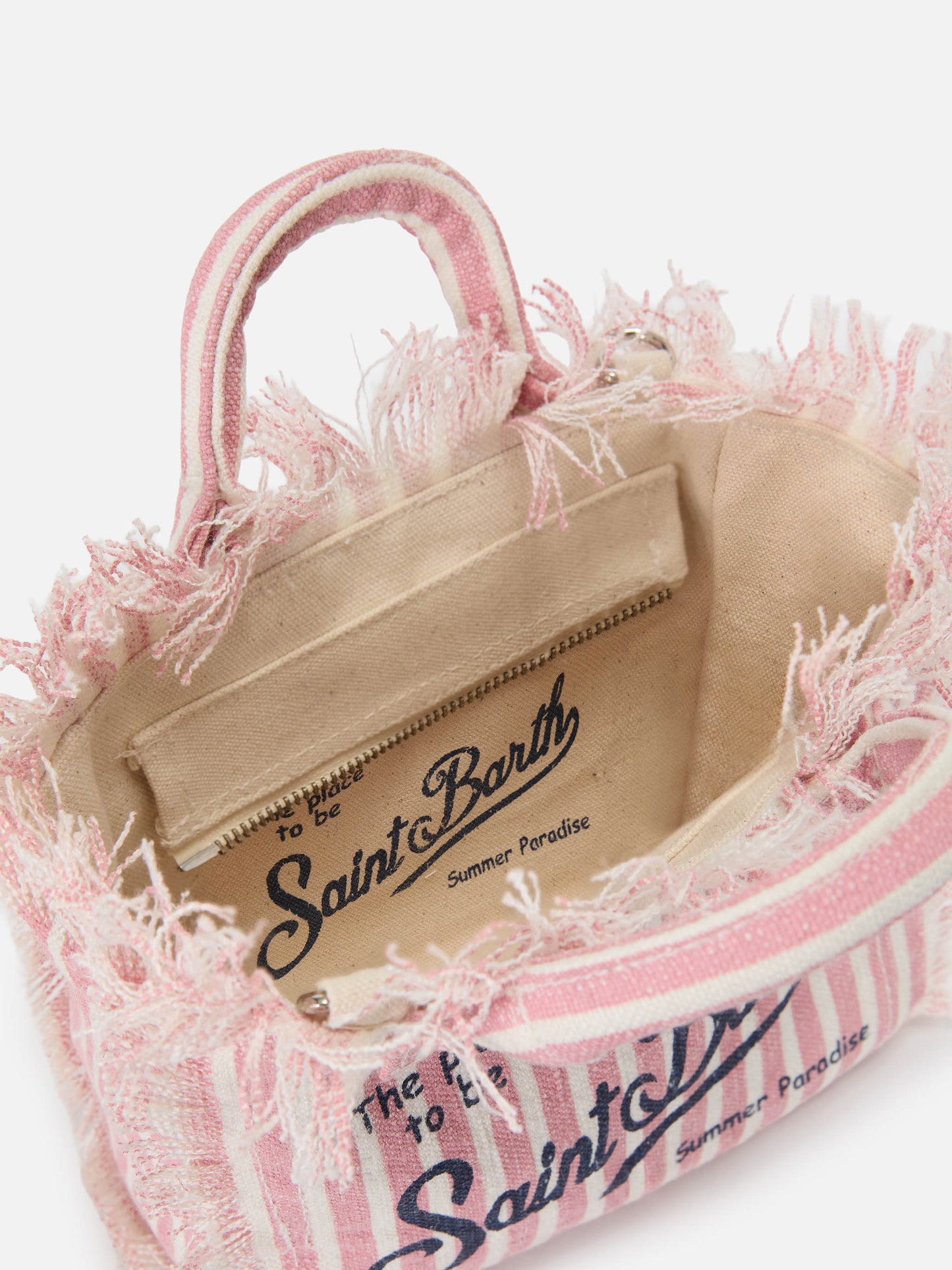 Trousse de toilette en lin à fines rayures roses et blanches