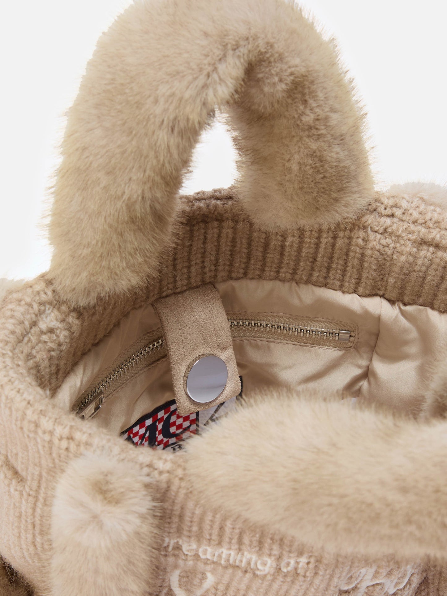 Vanity Mini Shearling Rib Handtasche aus beigefarbenem, geripptem Wollmischgewebe mit Shearling-Besatz