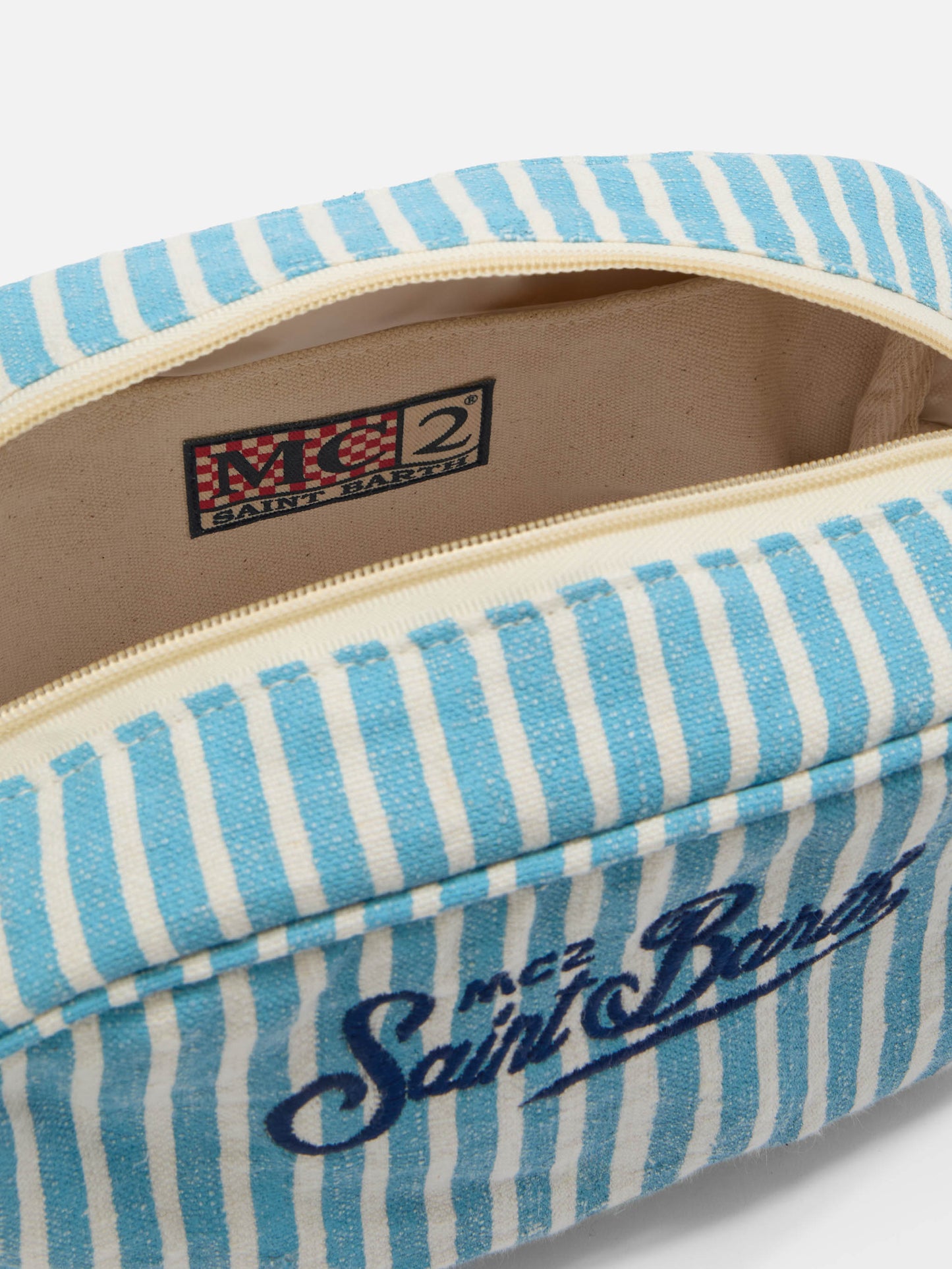 Beauty Bag Westwood in lino con fantasia a righe azzurro e bianco