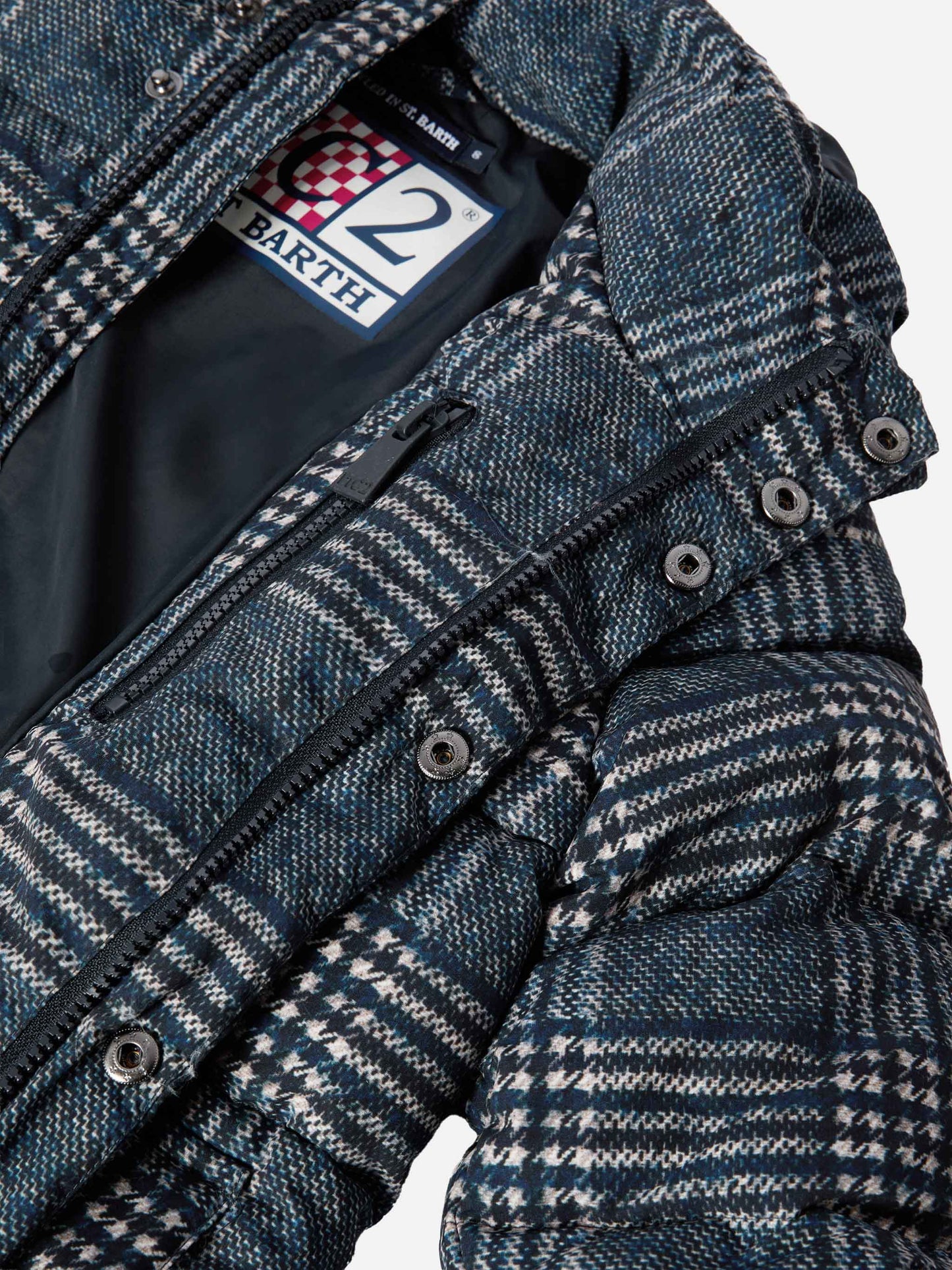 Hooded down padded jacket Young with Prince of Wales print